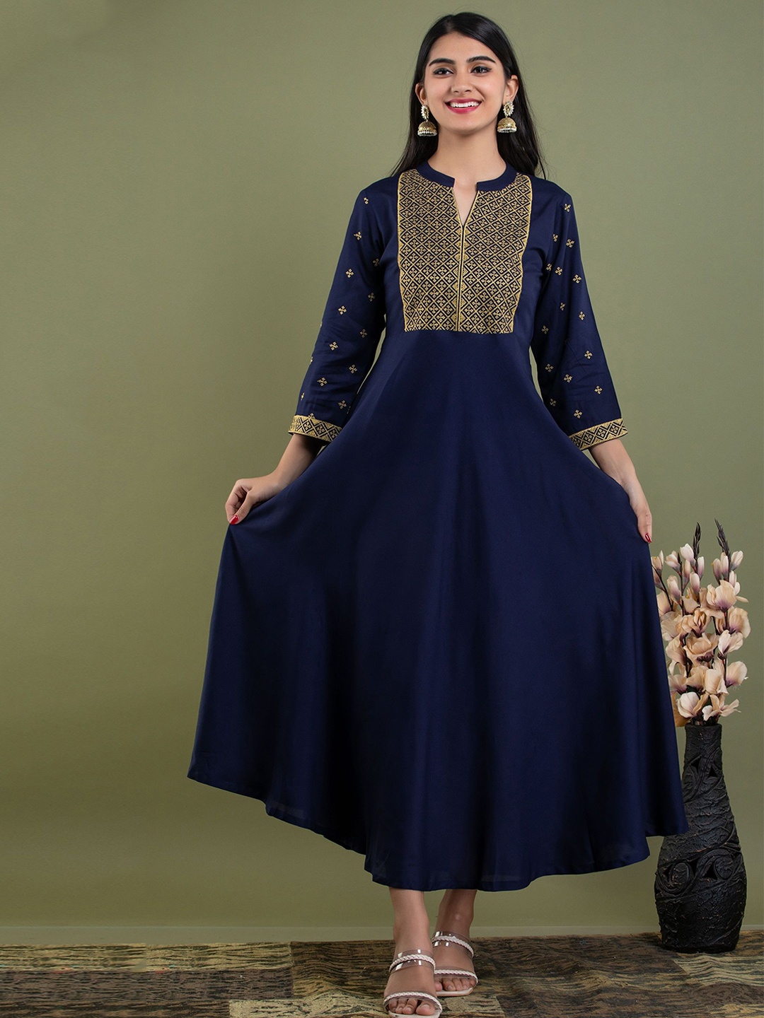 

MF Hayat Women Embroidered Flared Maxi Ethnic Dress, Blue