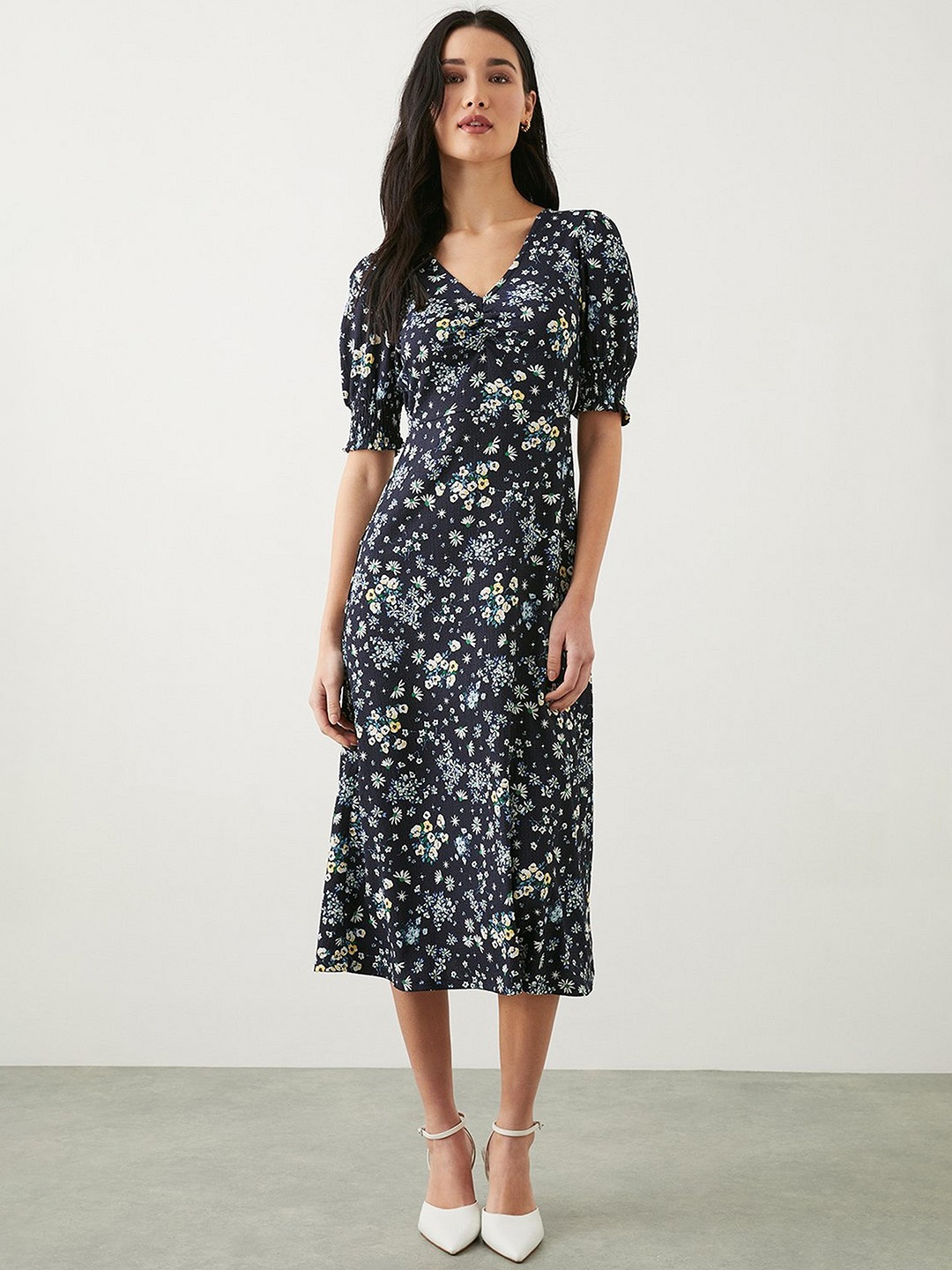 

DOROTHY PERKINS Floral Print Textured A-Line Dress, Navy blue