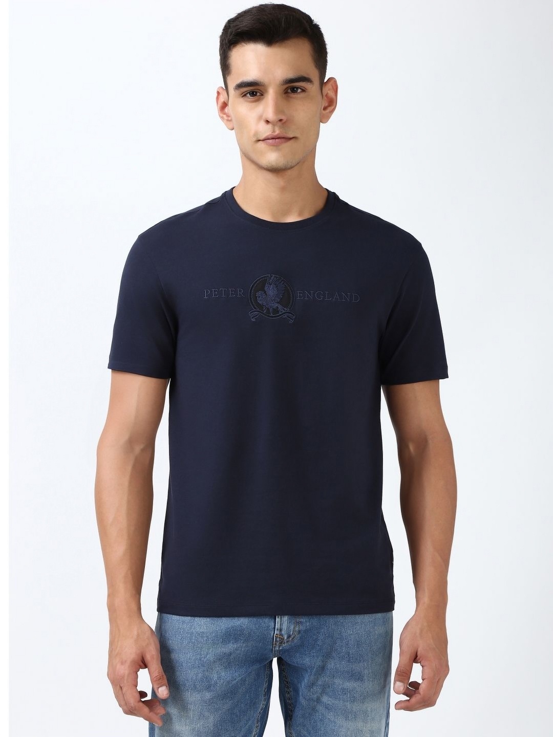 

Peter England Casuals Men Brand Logo Printed Round Neck Cotton T-shirt, Navy blue