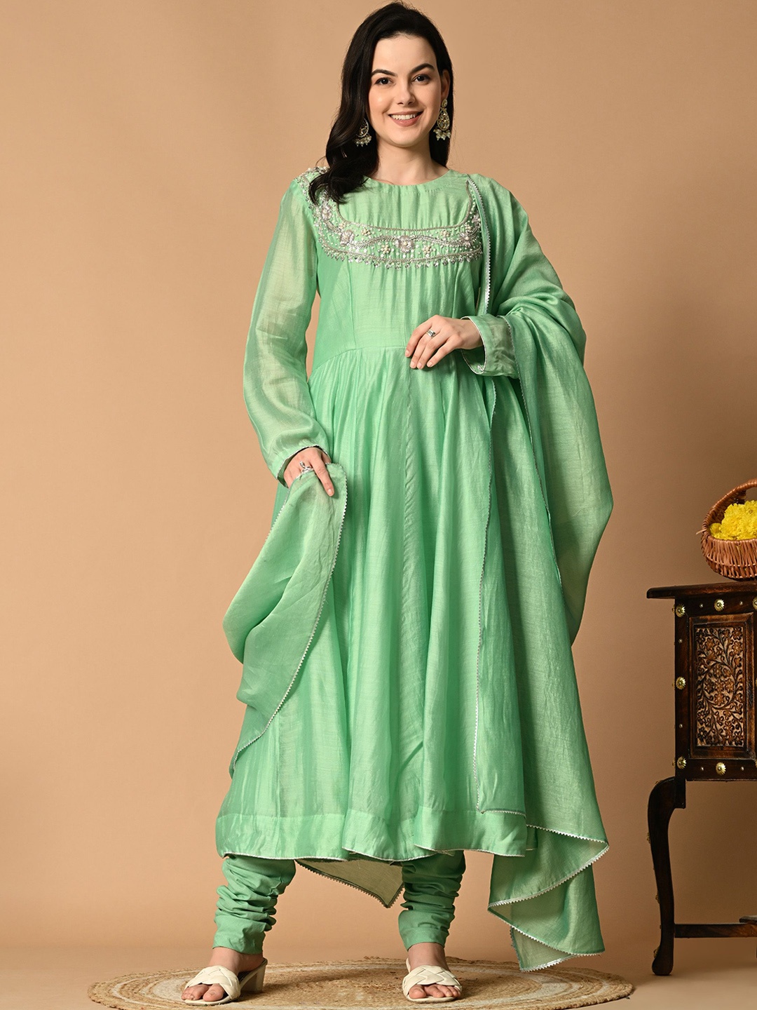 

NIRMOK Women Ethnic Motifs Embroidered Panelled Chanderi Silk Kurta with Churidar & With Dupatta, Green