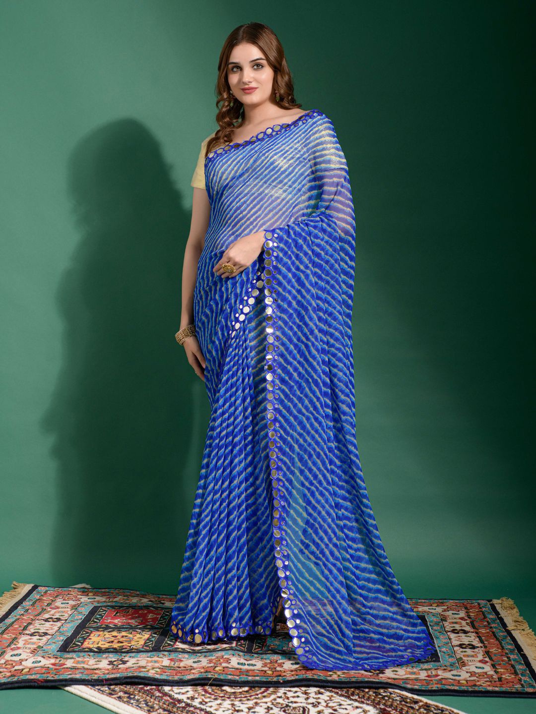 

Krimmple Leheriya Mirror Work Pure Chiffon Saree, Blue