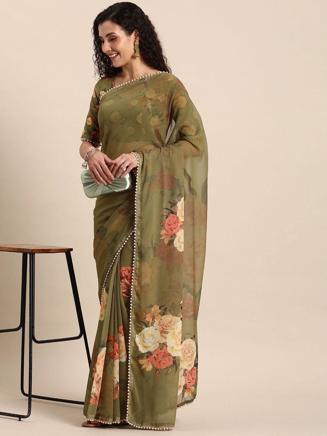 

MADHAVPRIYA Floral Beads and Stones Poly Georgette Saree, Olive