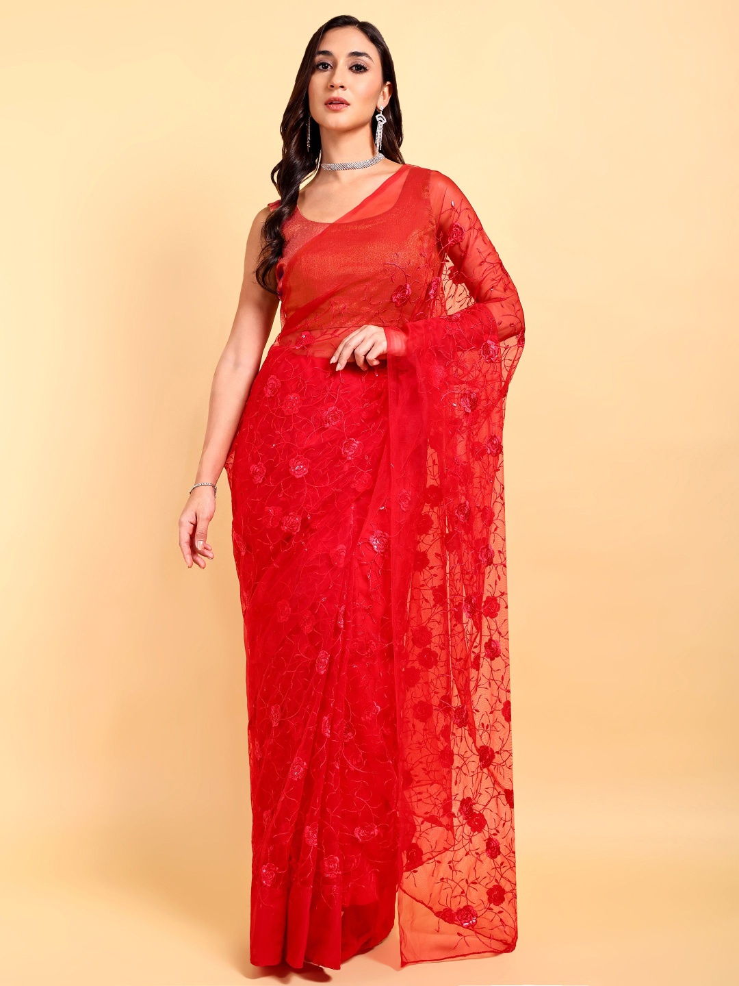 

DOERAA Ethnic Motifs Embroidered Net Saree, Red