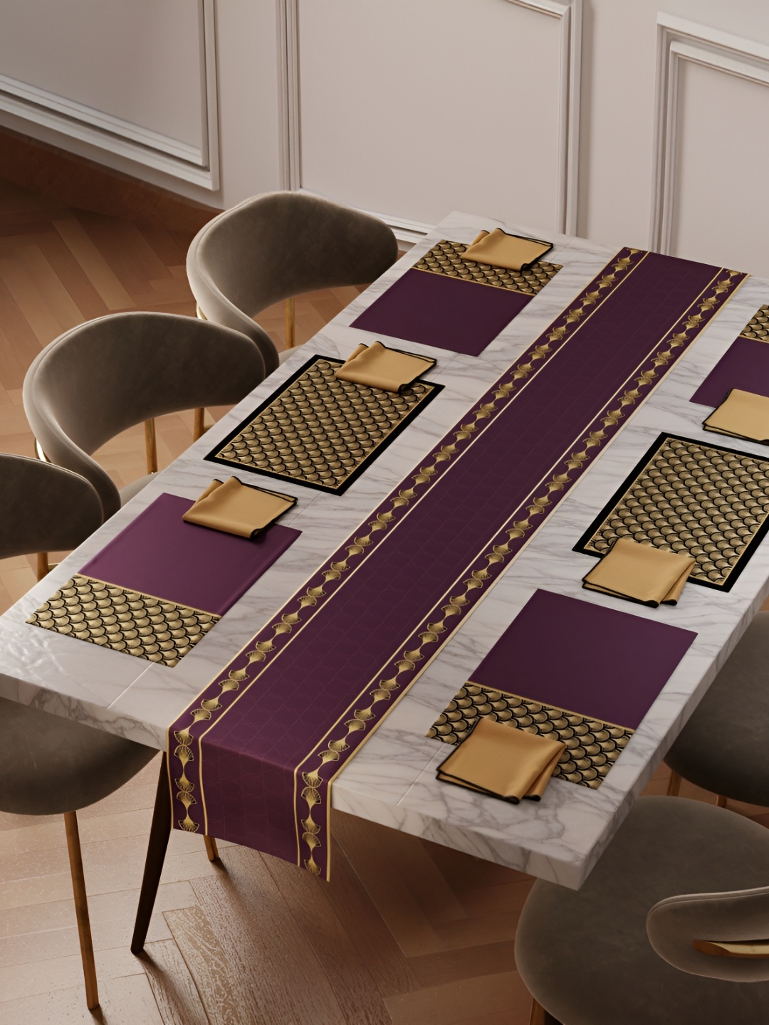 

Stoa Paris Burgundy & Beige 13 Pieces Printed 6 seater Table Linen Sets