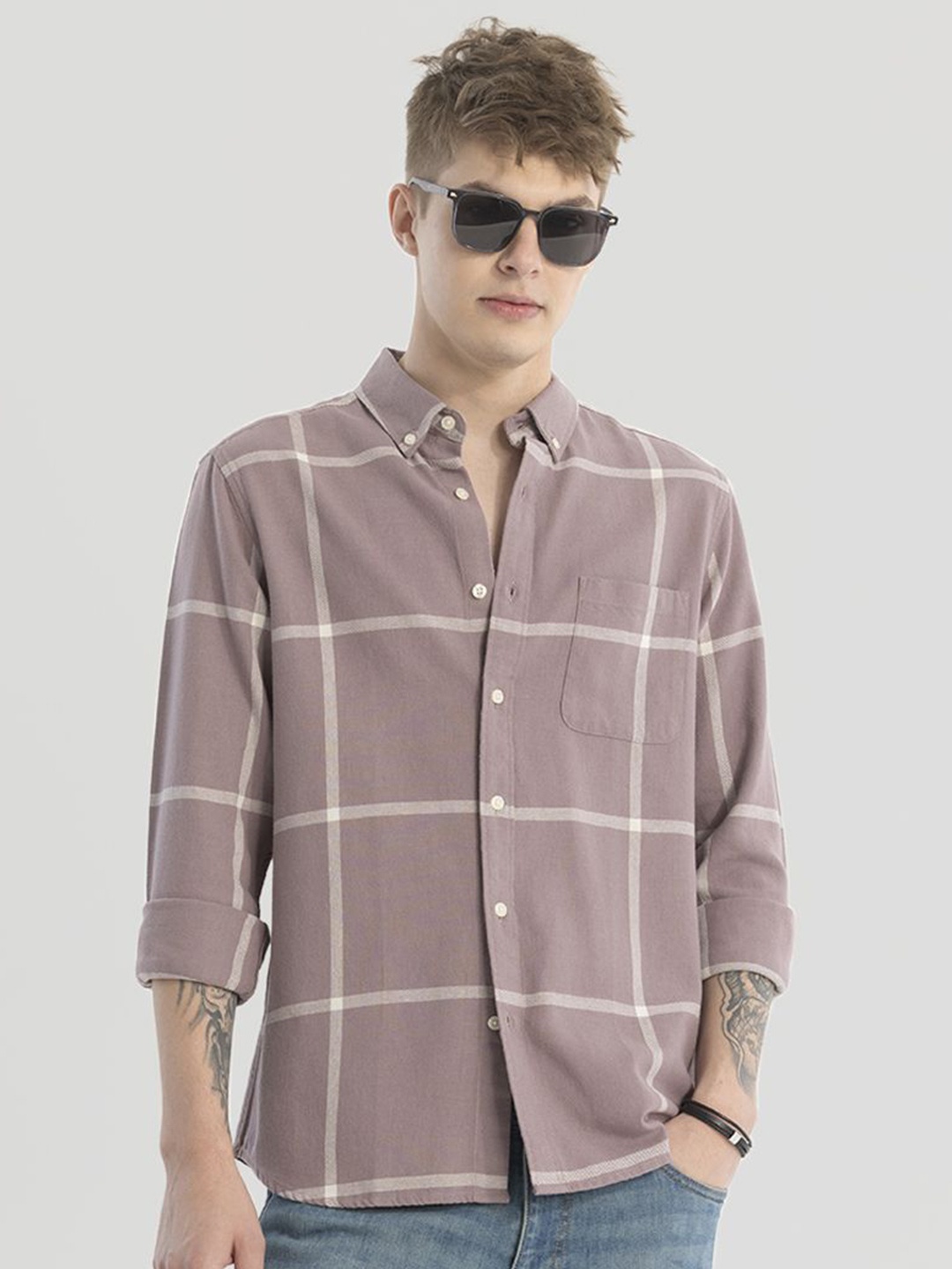 

Snitch Men Smart Button-Down Collar Checked Cotton Casual Shirt, Mauve