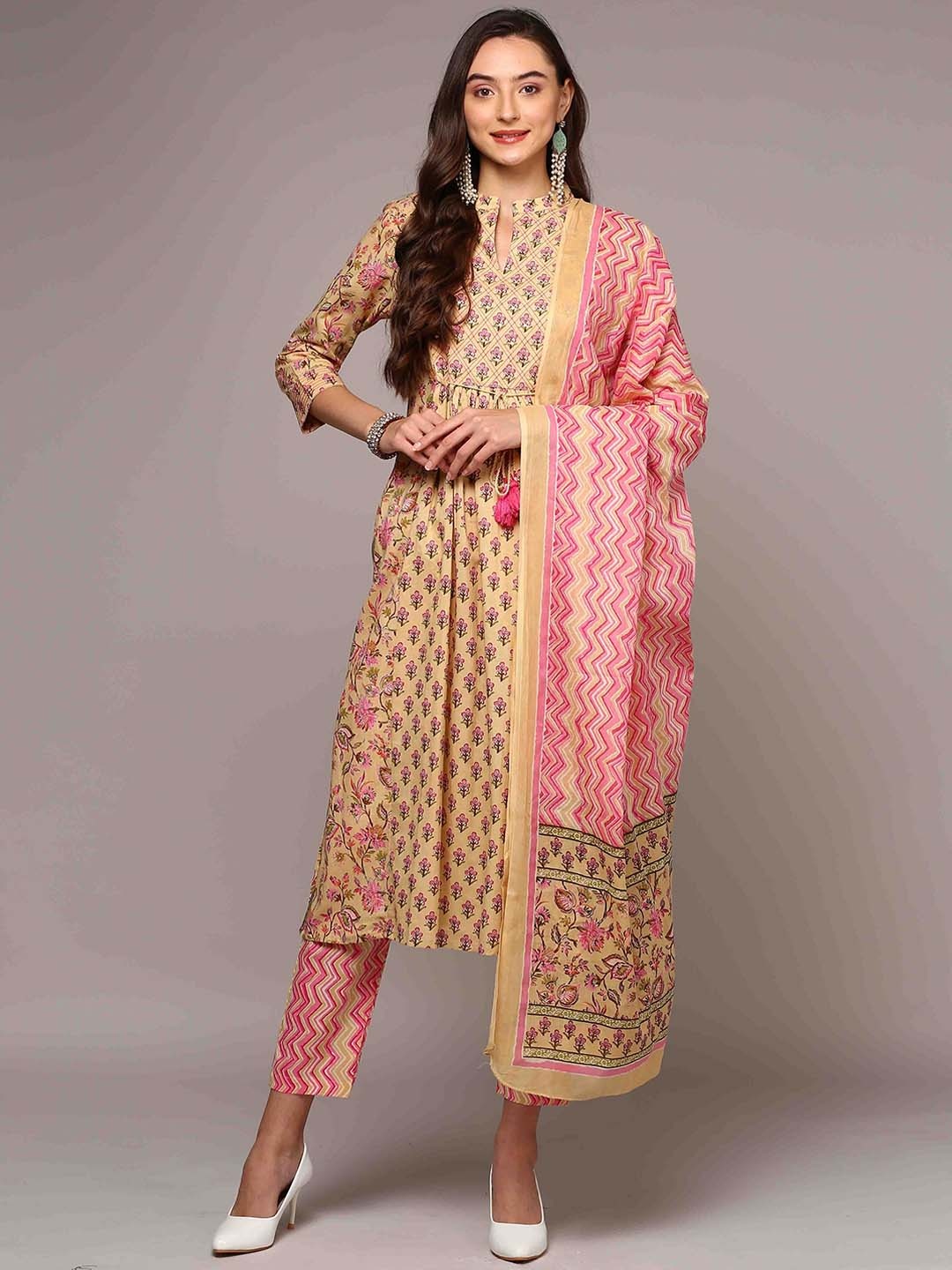 

AHIKA Floral Printed Pleated Pure Cotton A-Line Kurta with Trousers & Dupatta, Cream