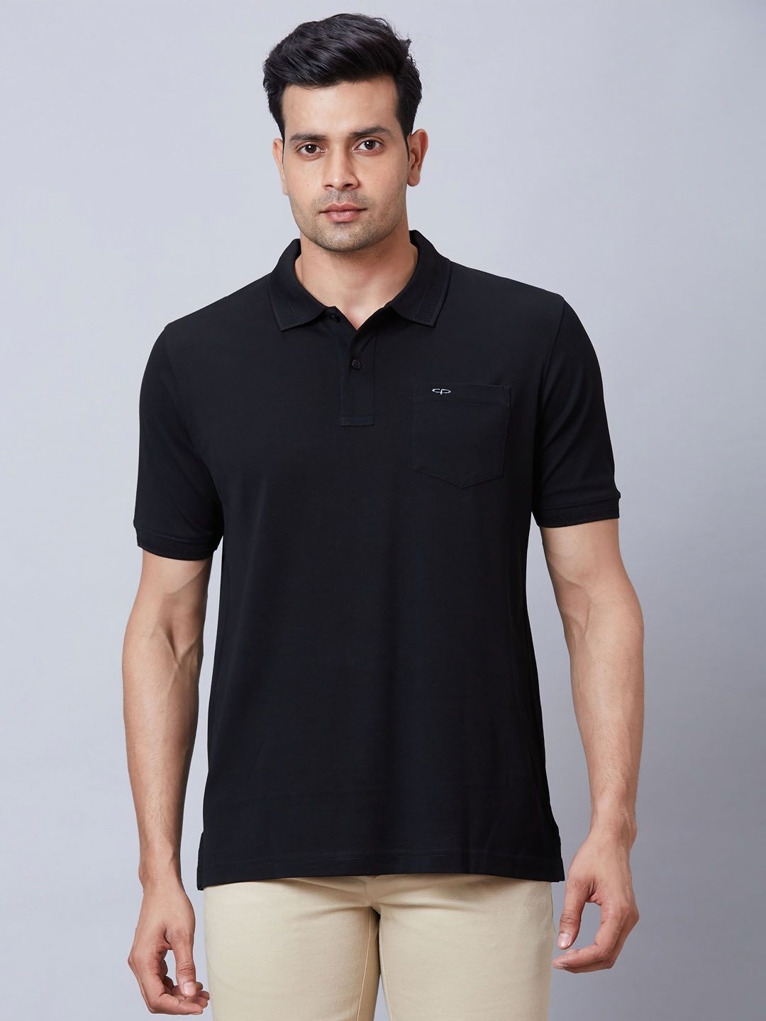 

ColorPlus Men Solid Polo Collar Cotton T-shirt, Black
