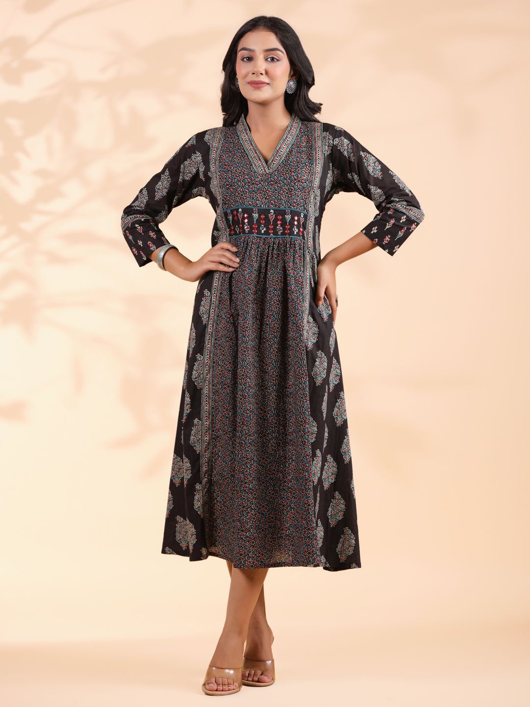 

Vbuyz Women Ethnic Motifs Printed A-Line Midi Ethnic Dresses, Black