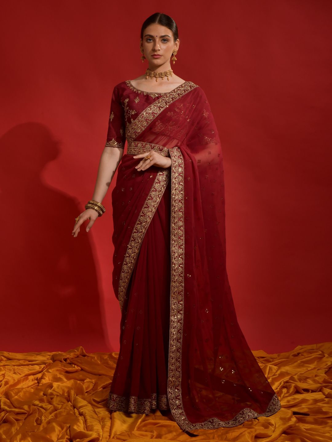 

Krimmple Floral Embroidered Pure Georgette Fusion Saree, Maroon