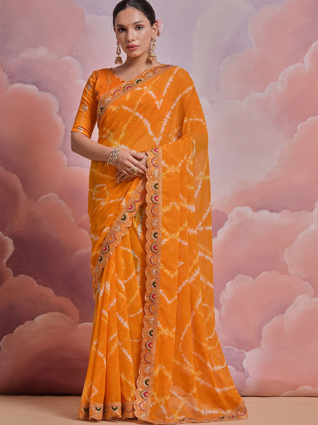 

Krimmple Embroidered Pure Georgette Saree, Yellow