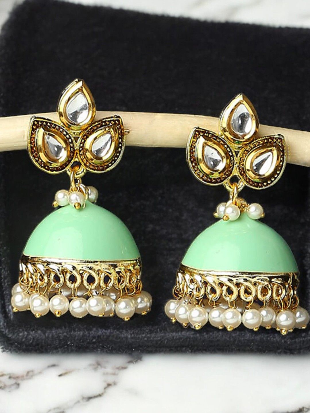 

OOMPH Dome Shaped Meenakari & Kundan Jhumkas, Green