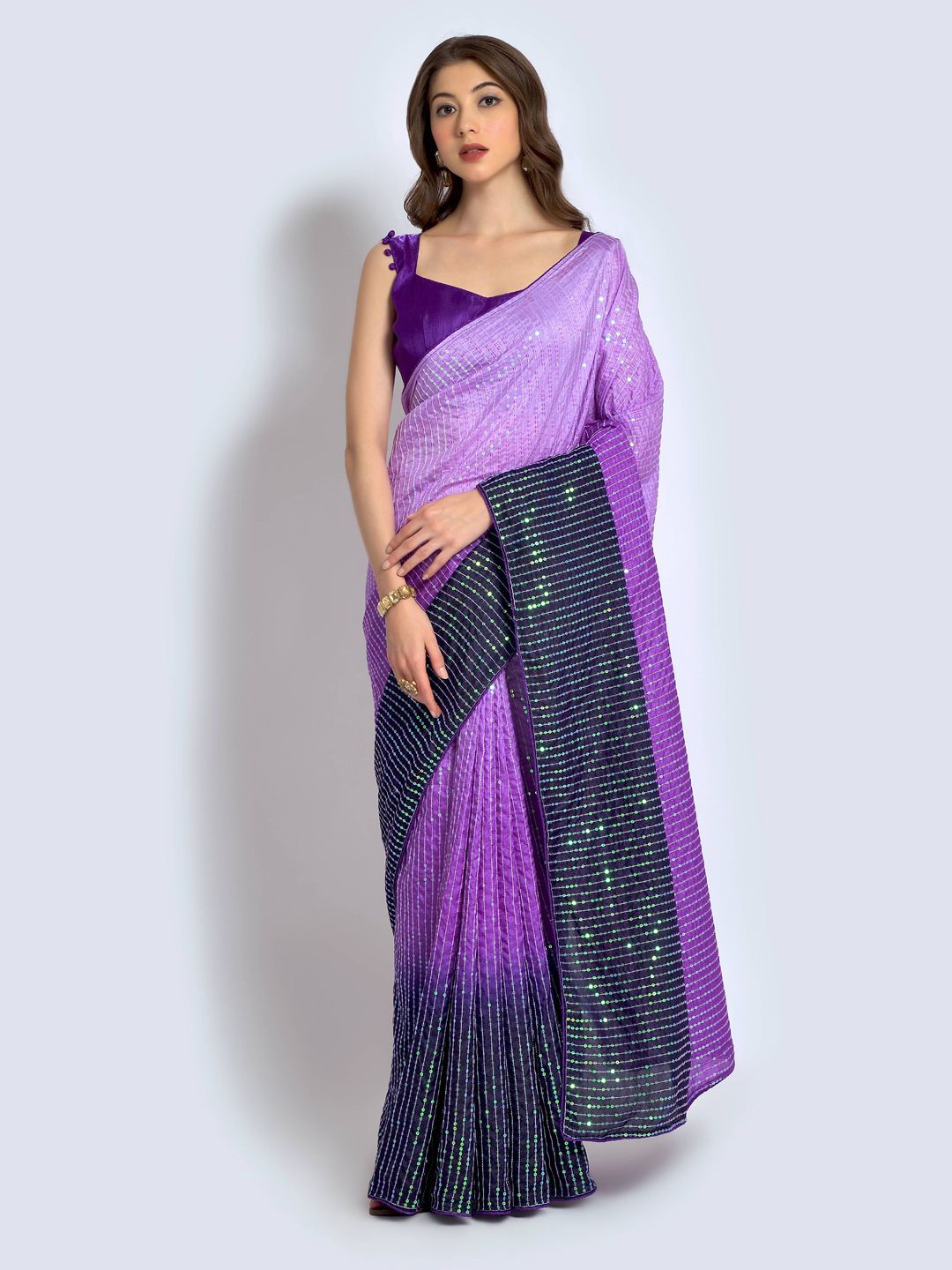 

Krimmple Striped Sequinned Art Silk Saree, Purple