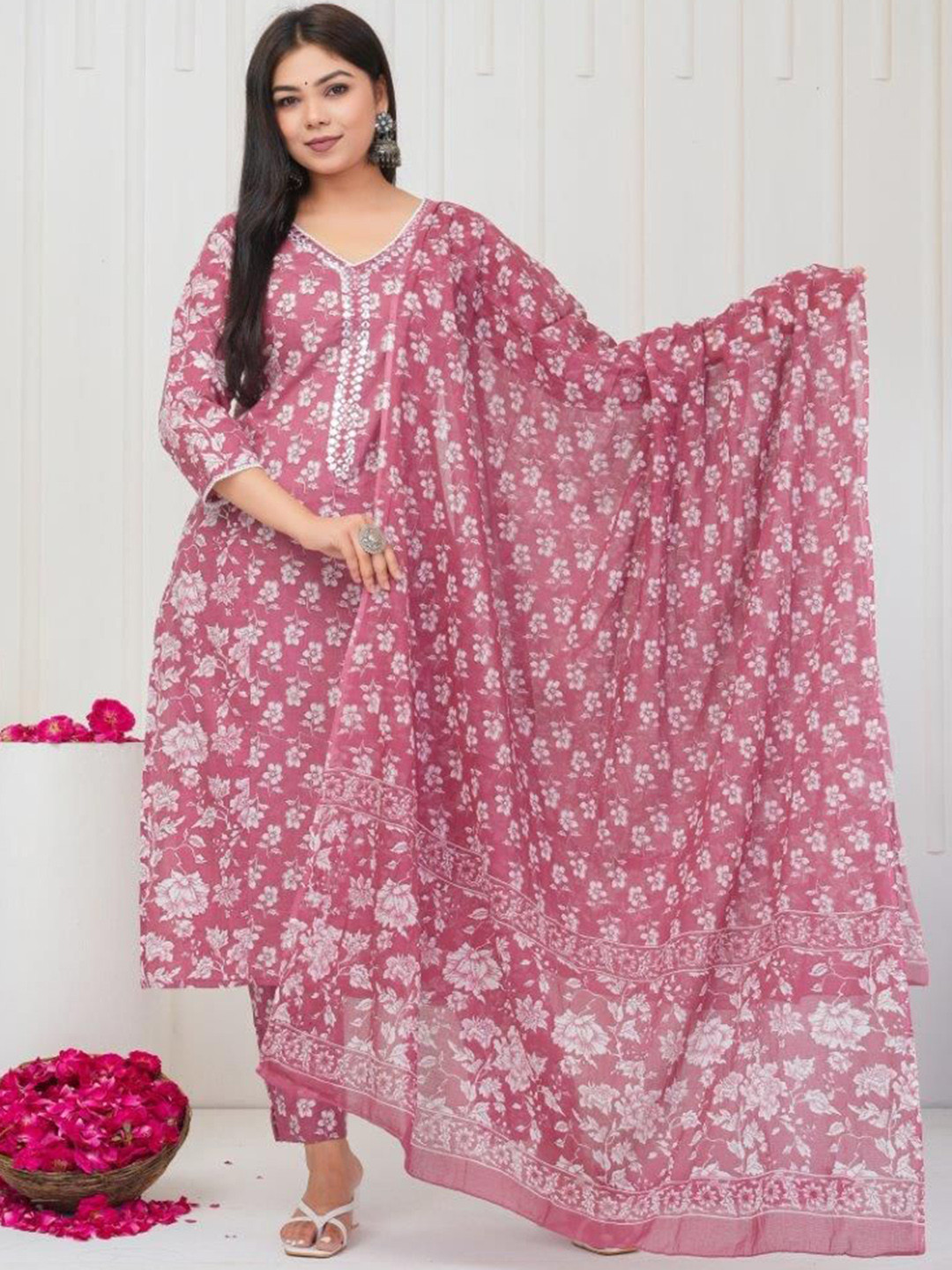 

SIGNORIA Floral Printed Mirror Work Pure Cotton Straight Kurta with Trousers & Dupatta, Pink