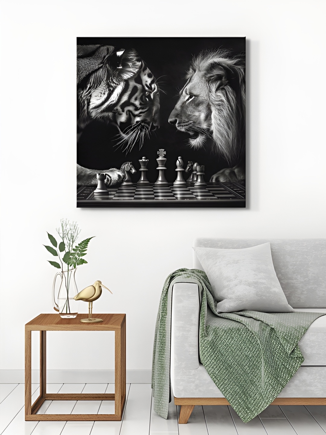 

999Store Black & Grey Chess Art, Tiger And Lion Canvas Wall Paintings