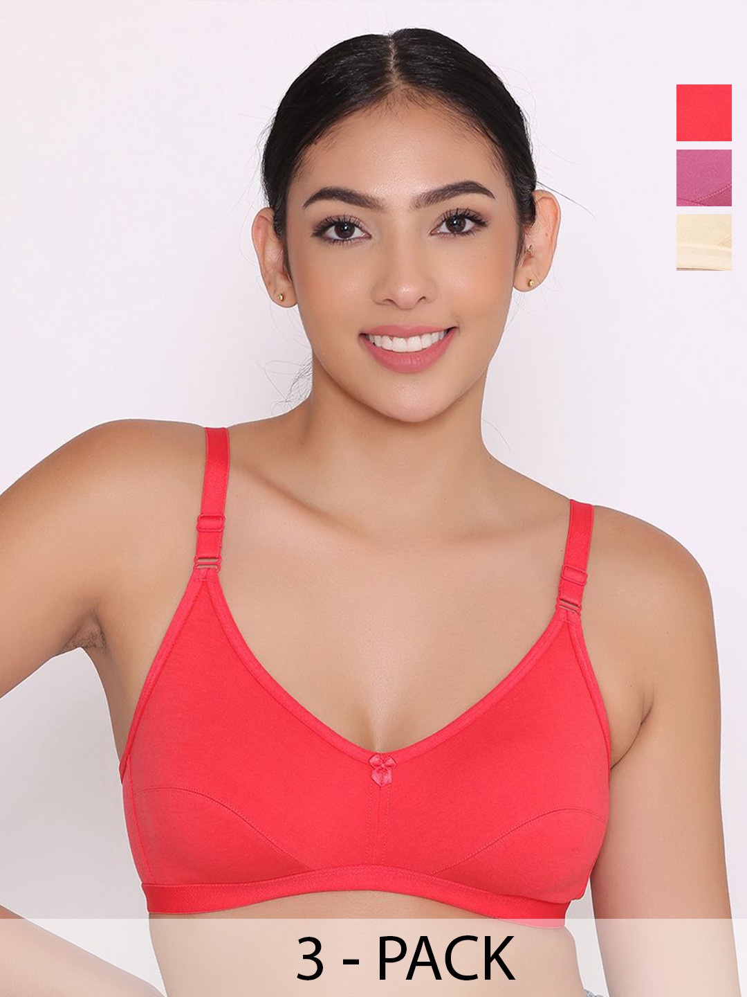 

INKURV Pack Of 3 Women Solid Non Padded Full Coverage Bra, Red