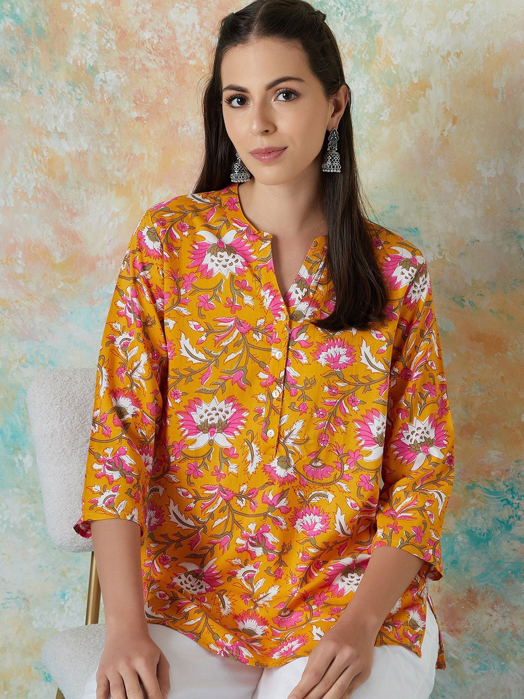 

Melange by Lifestyle Women Floral Printed Mandarin Collar Three-Quarter Sleeves Kurti, Mustard