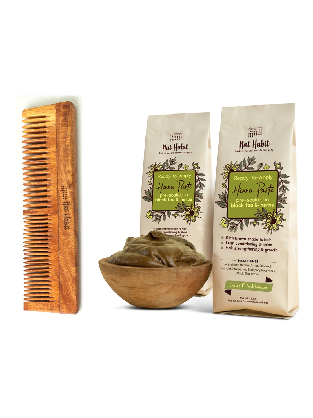 

Nat Habit Set of 1 Dual Tooth Kacchi Neem Comb & 2 Ready-To-Apply Henna Paste 220 g each, Brown