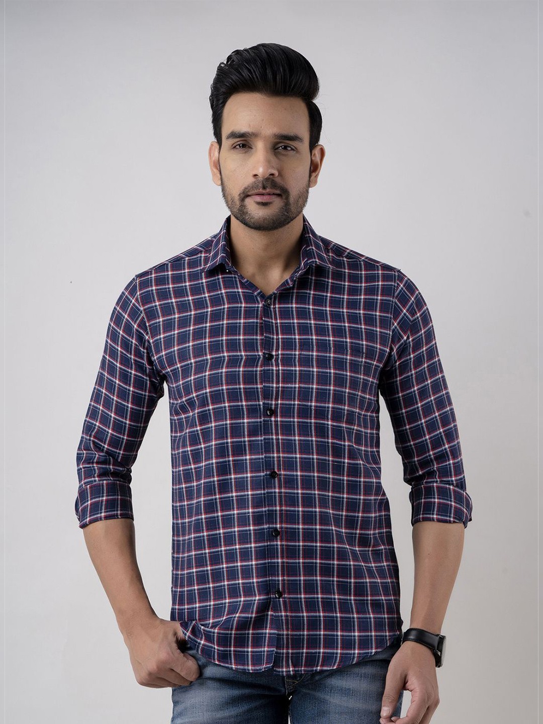 

Vcom Men Classic Spread Collar Checked Cotton Slim Fit Casual Shirt, Navy blue