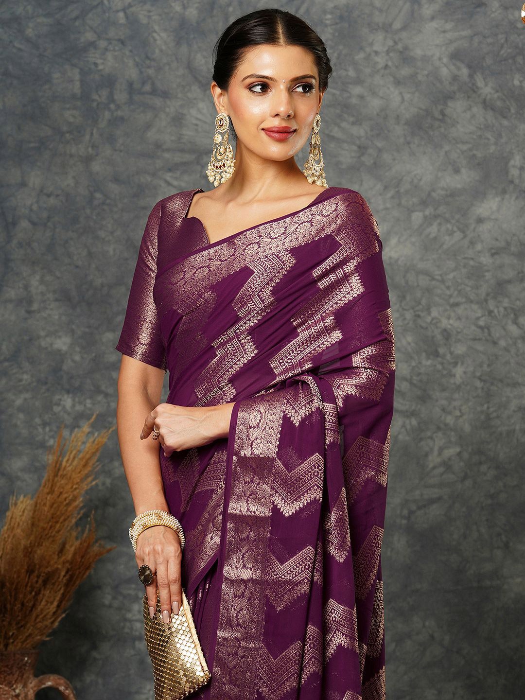 

Satrani Ethnic Motifs Pure Georgette Banarasi Saree, Purple