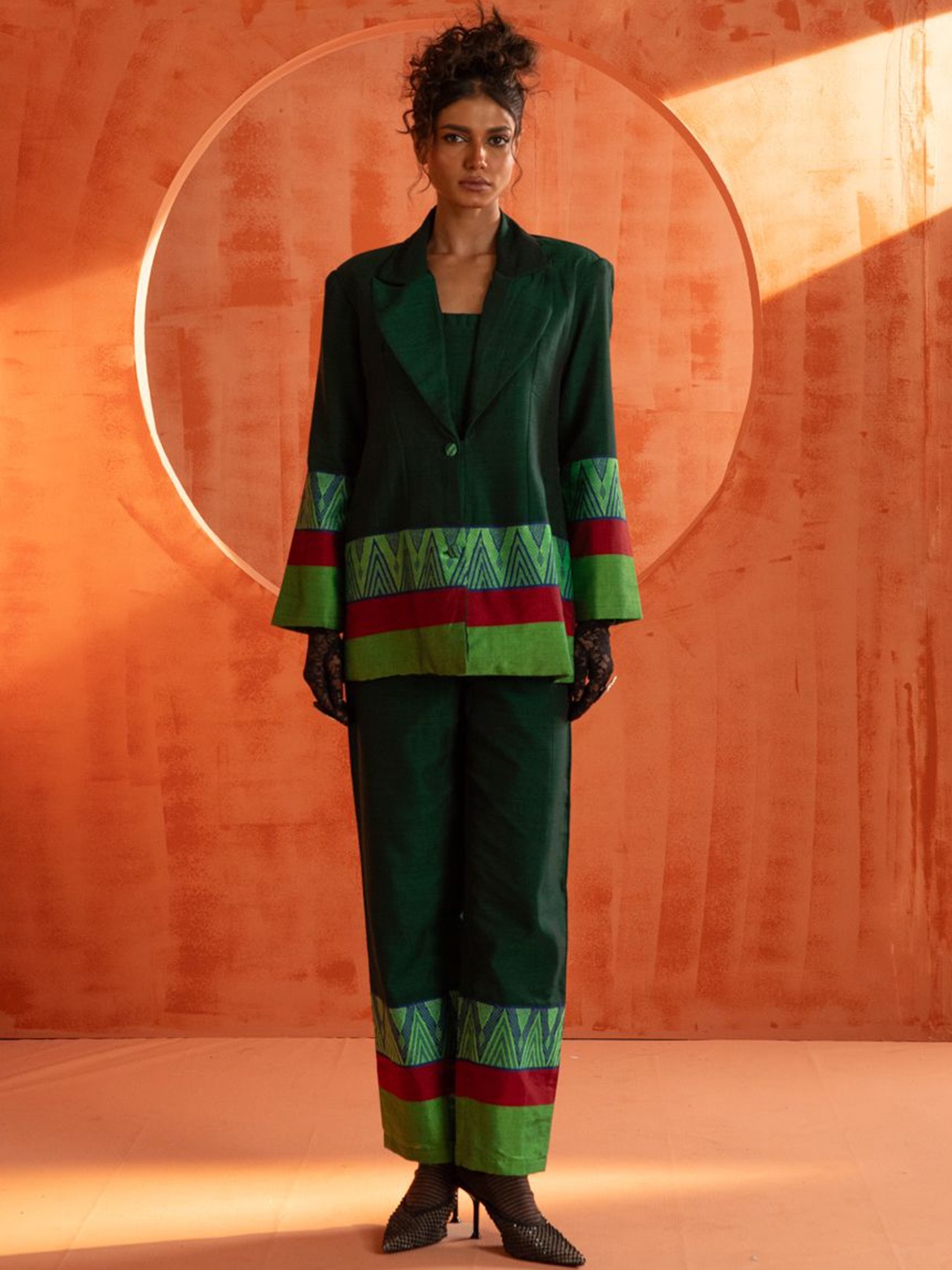 

Indethnic Pure Cotton Crop Top & Coat With Trousers, Green