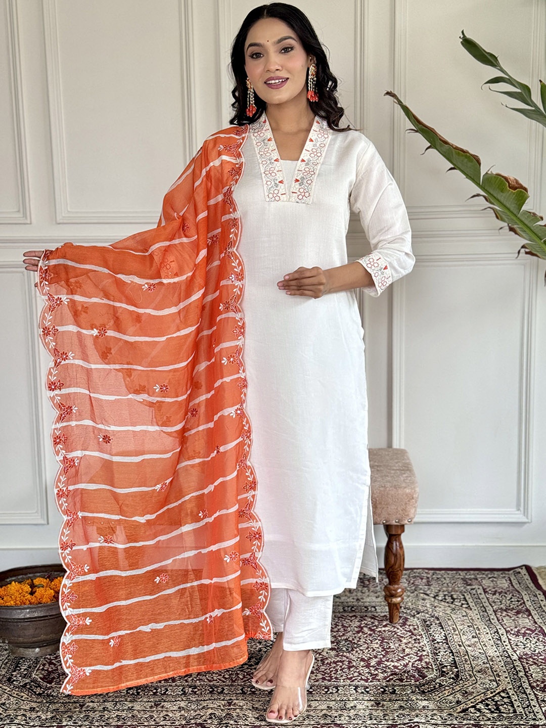 

KALINI Floral Thread Work V-Neck Chanderi Silk Straight Kurta with Trouser & Dupatta, White