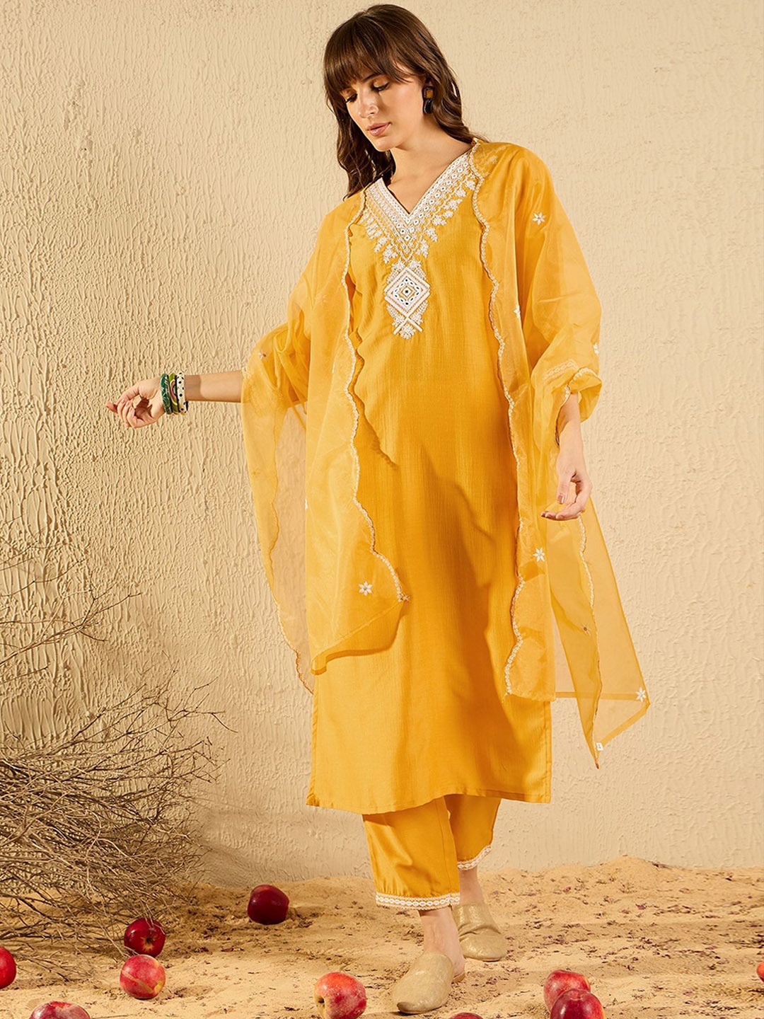 

Indo Era Ethnic Motifs Embroidered Straight Kurta With Trousers & Dupatta, Yellow