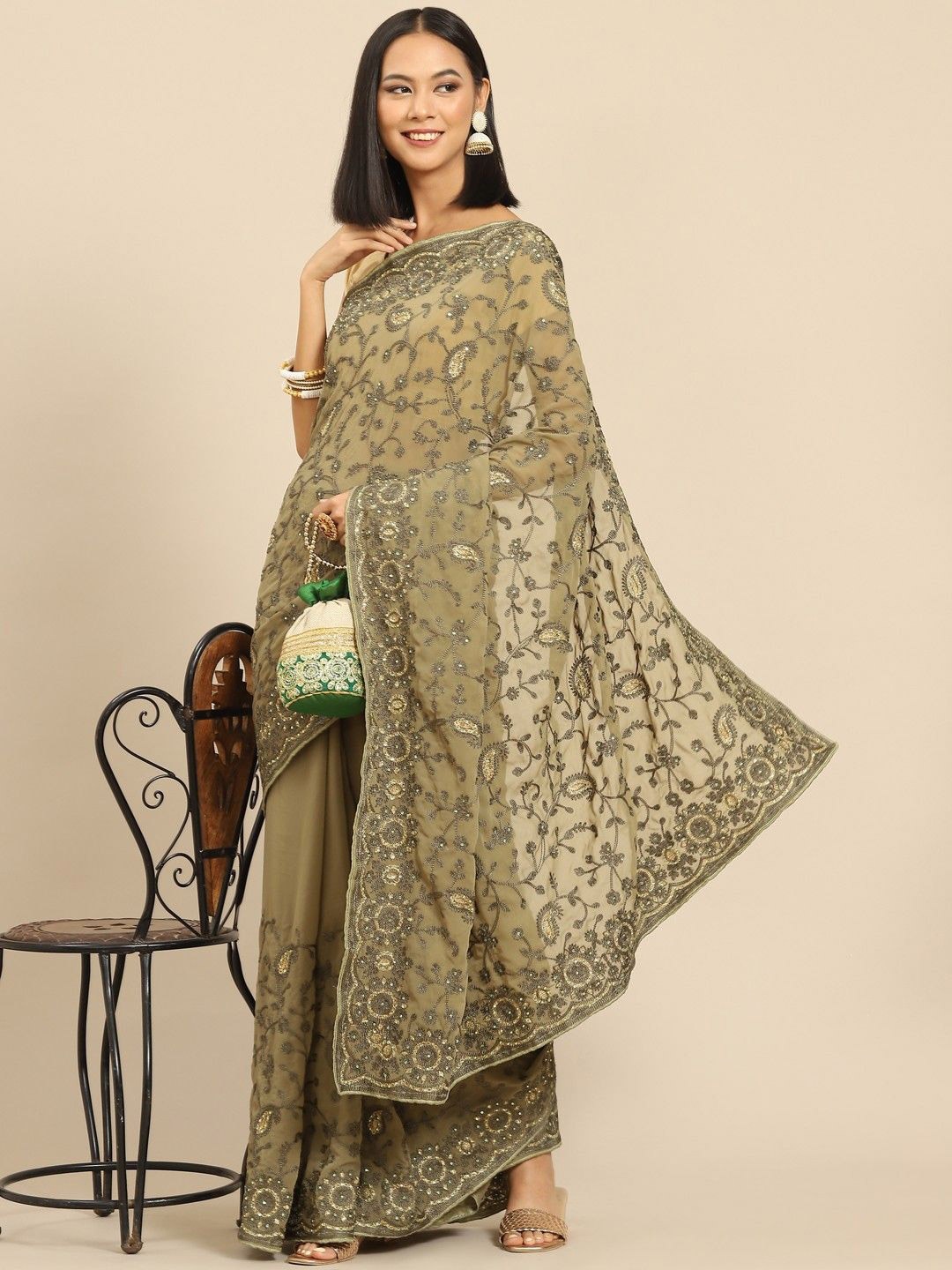 

Anouk Floral Beads and Stones Poly Georgette Saree, Green