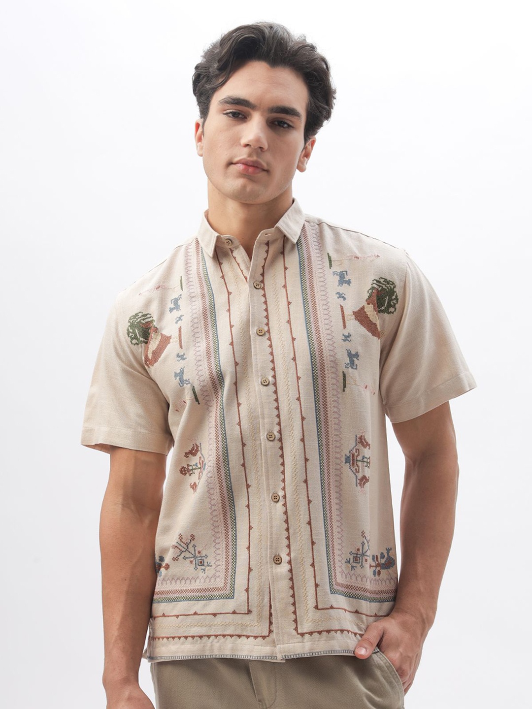 

HAMPTONS Cotton Linen Embroidered Casual Shirt, Cream