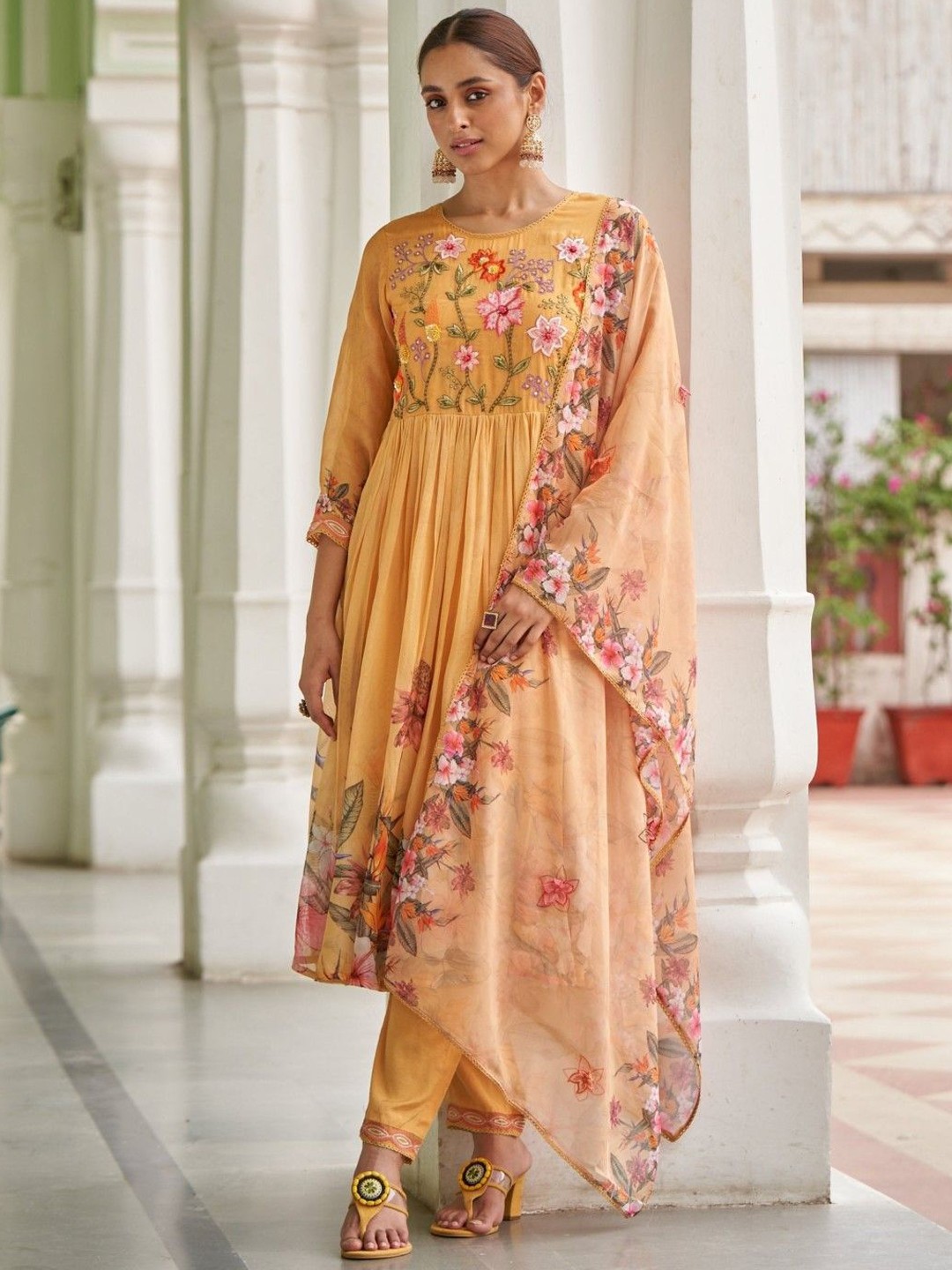 

AUTUMN LANE Pihu Floral Printed Thread Work Cotton Silk Kurta with Trousers & Dupatta, Tan