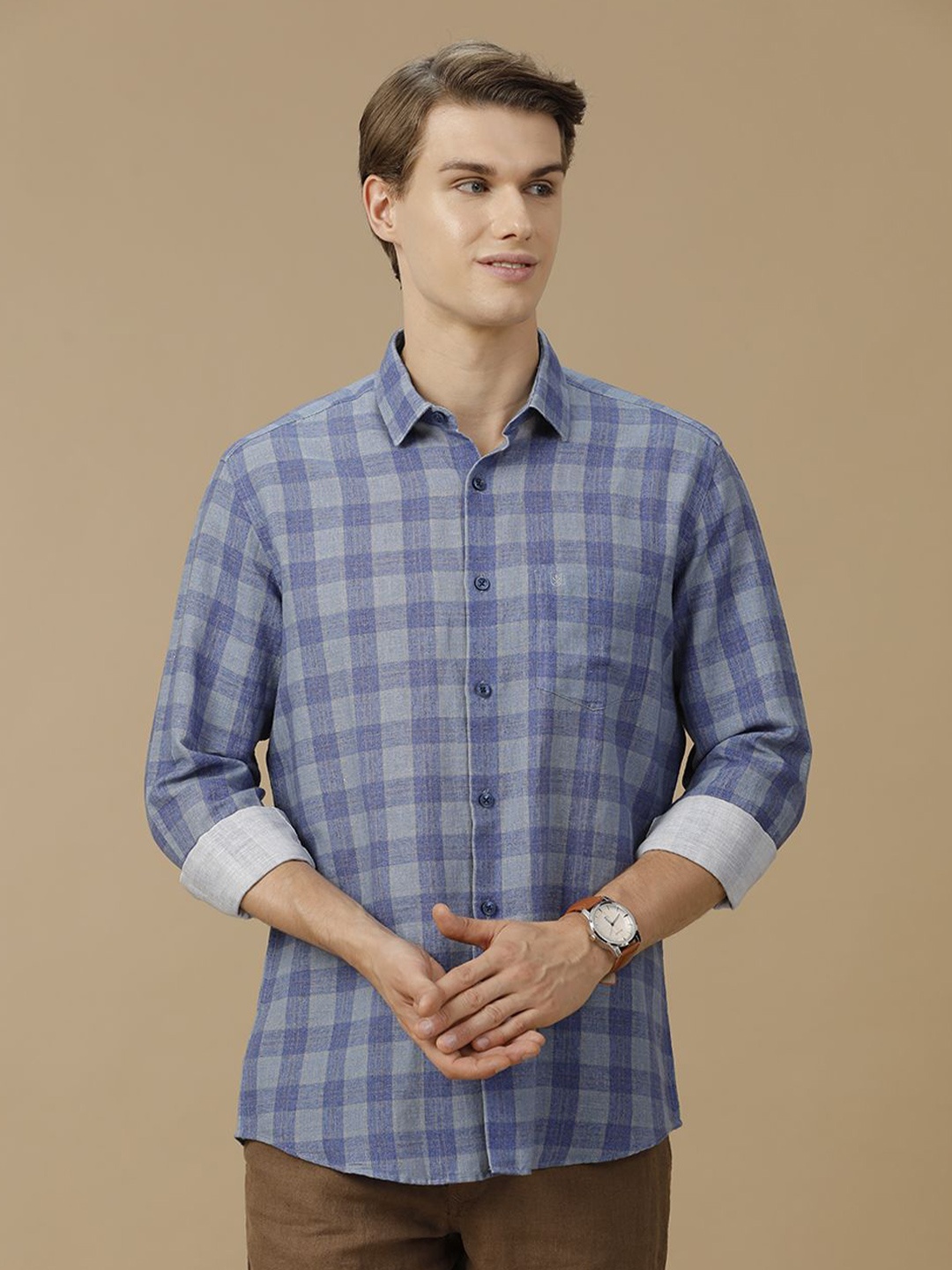 

Linen Club Men Contemporary Spread Collar Tartan Checked Slim Fit Casual Shirt, Blue