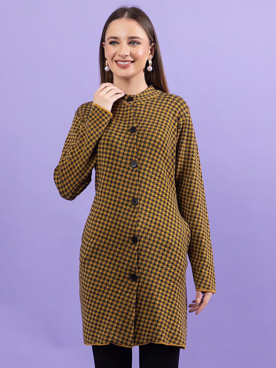 

Anouk Women Mustard Printed Long Sleeves Button Closure Cardigan Sweaters