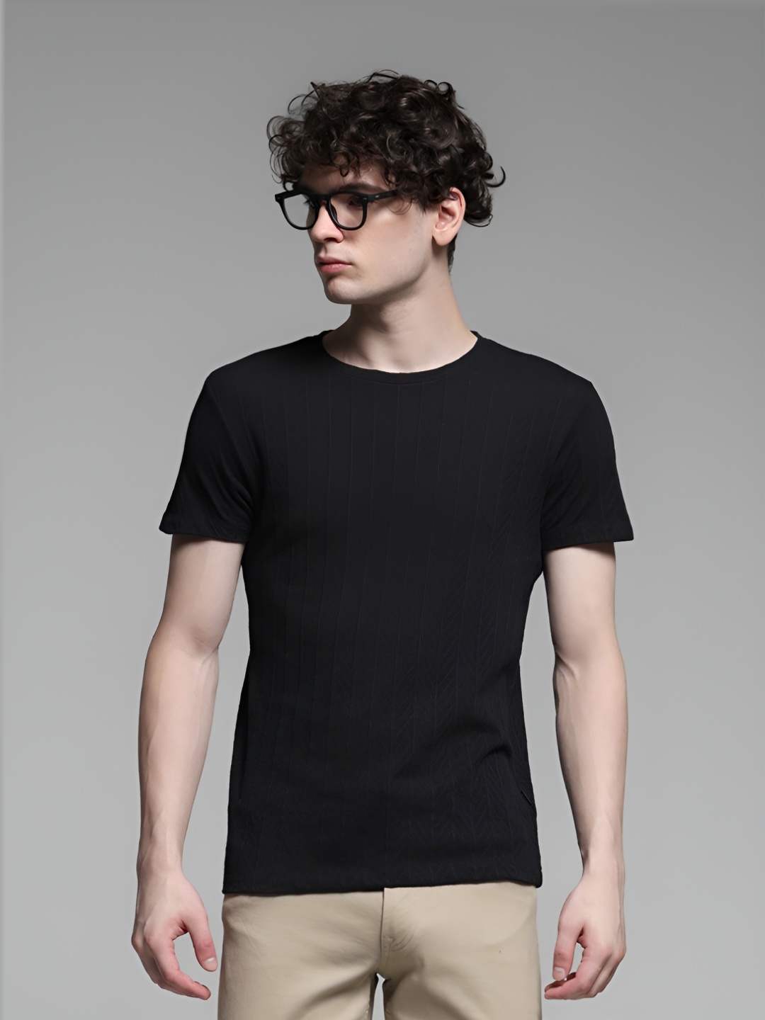 

Jack & Jones Men Self Design Round Neck Cotton T-shirt, Black