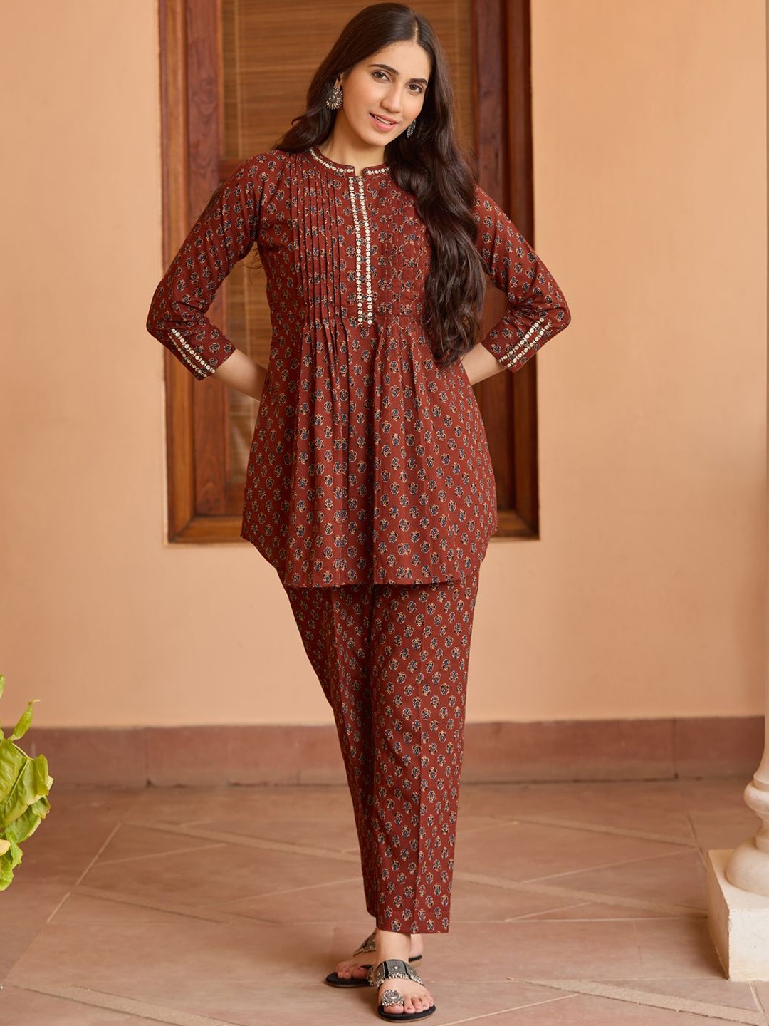 

WOMEN PLUS Printed Pure Cotton Tunic With Trousers, Maroon