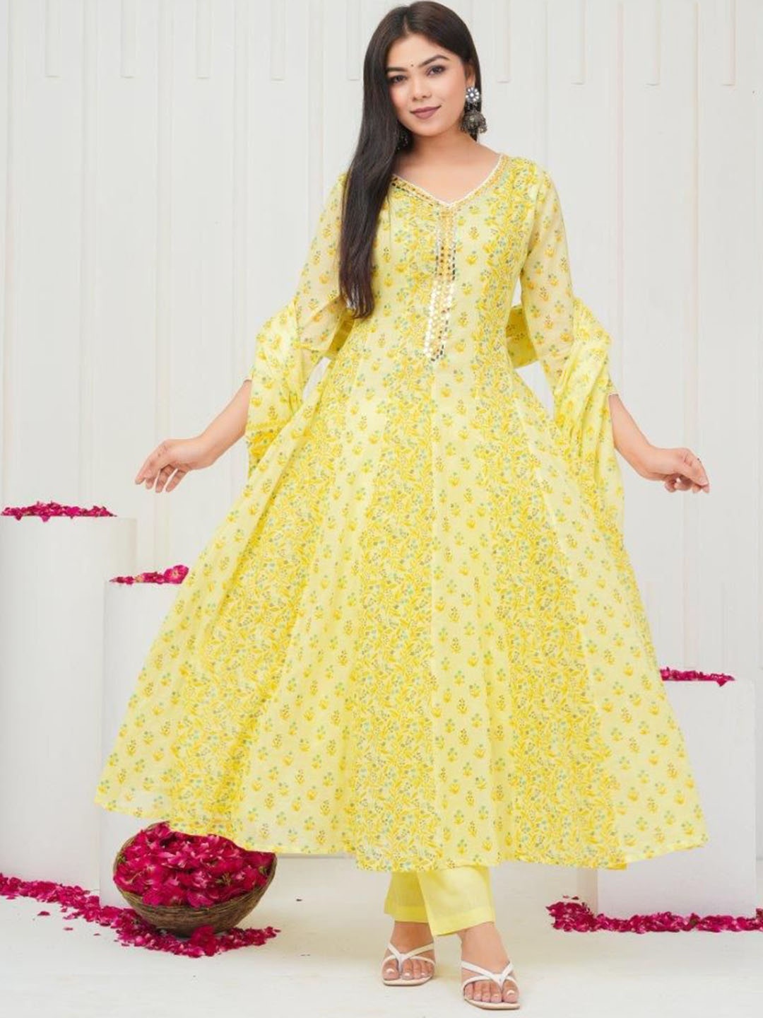 

SIGNORIA Floral Printed Mirror Work Pure Cotton Anarkali Kurta with Trousers & Dupatta, Yellow