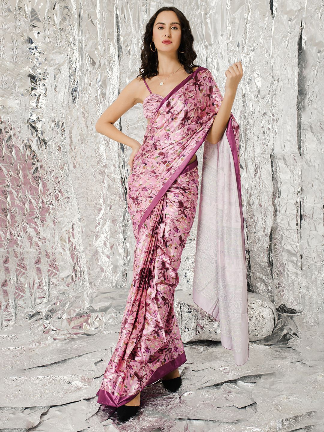 

BAESD Floral Printed Pure Silk Saree, Purple