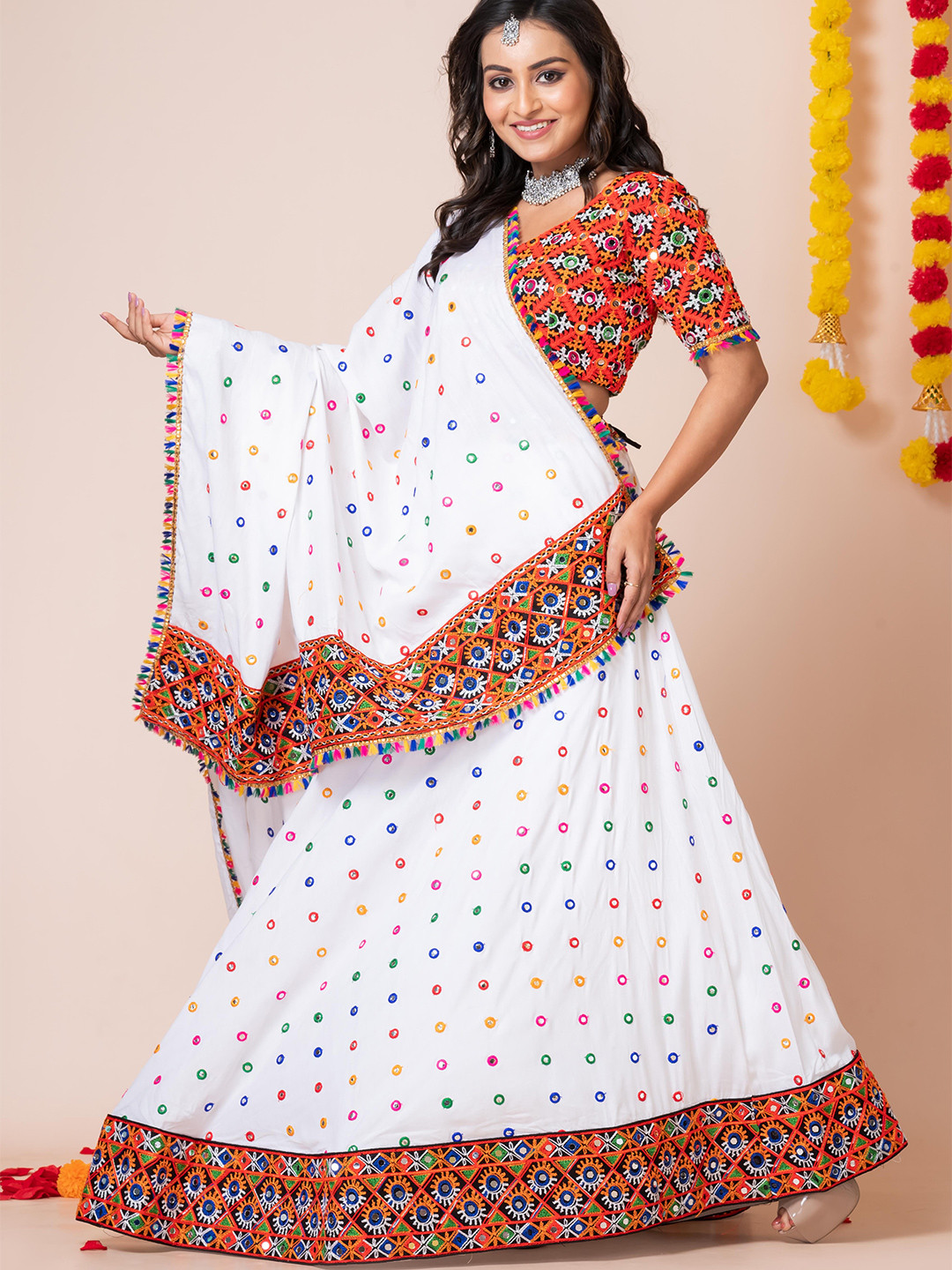 

Angroop Embroidered Mirror Work Semi-Stitched Lehenga & Unstitched Blouse With Dupatta, White