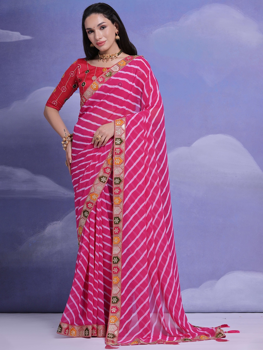

Krimmple Leheriya Sequinned Pure Georgette Saree, Pink