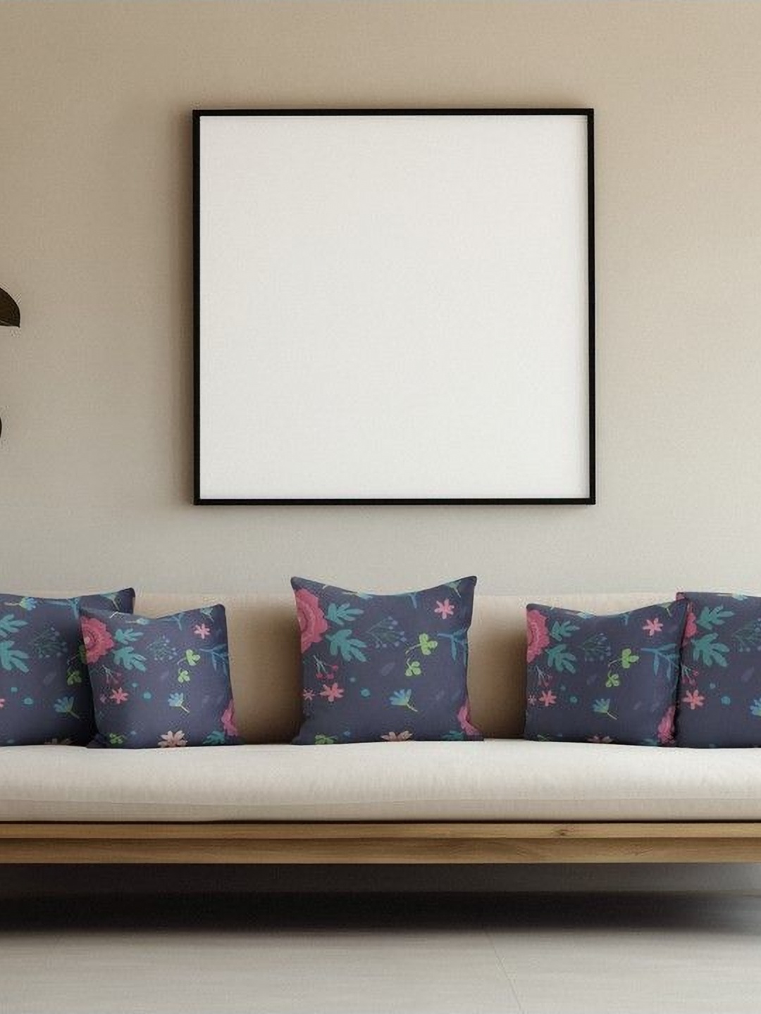 

THEYAYACAFE Navy Blue & Pink 5 Pieces Floral Printed Velvet Square Cushion Covers