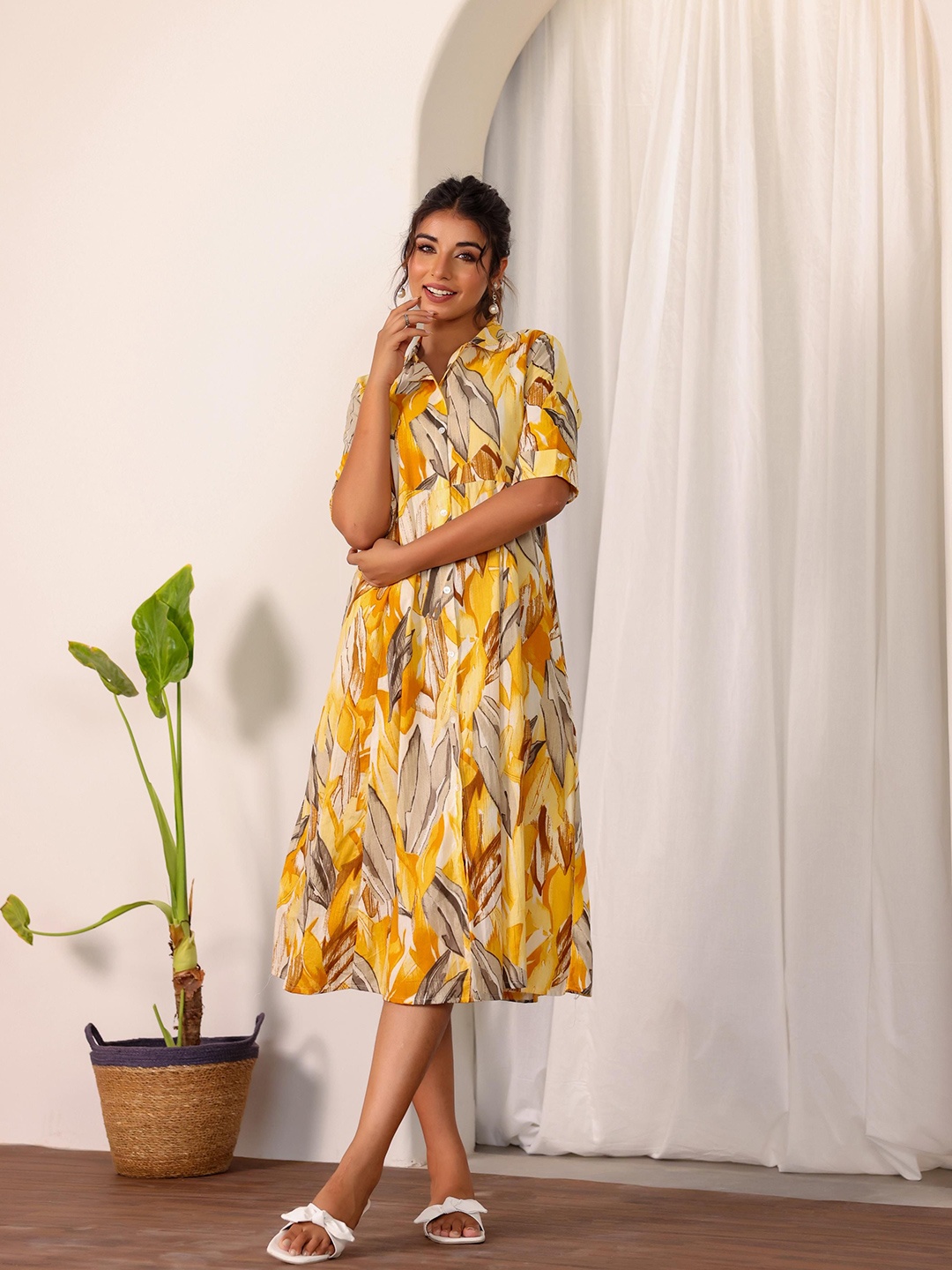 

FLAVIA CREATION Floral Printed Puff Sleeve A-Line Midi Cotton Dress, Multi