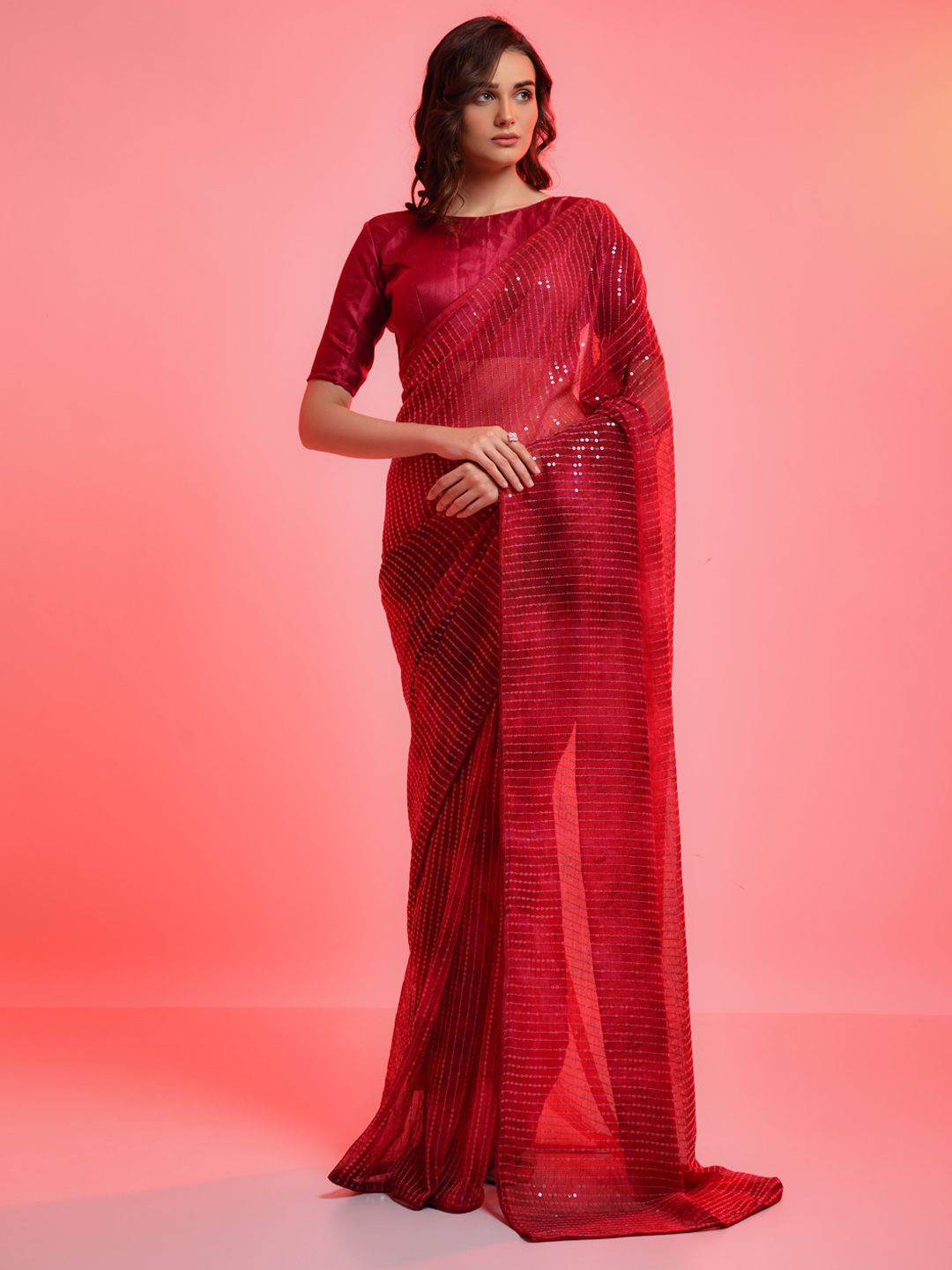 

Krimmple Striped Sequinned Pure Georgette Saree, Maroon