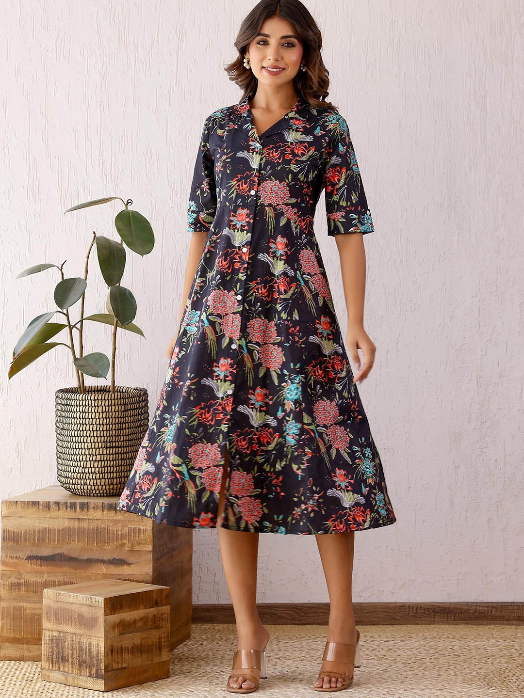 

FLAVIA CREATION Women Shirt Collar Printed Flared A-Line Dress, Multi