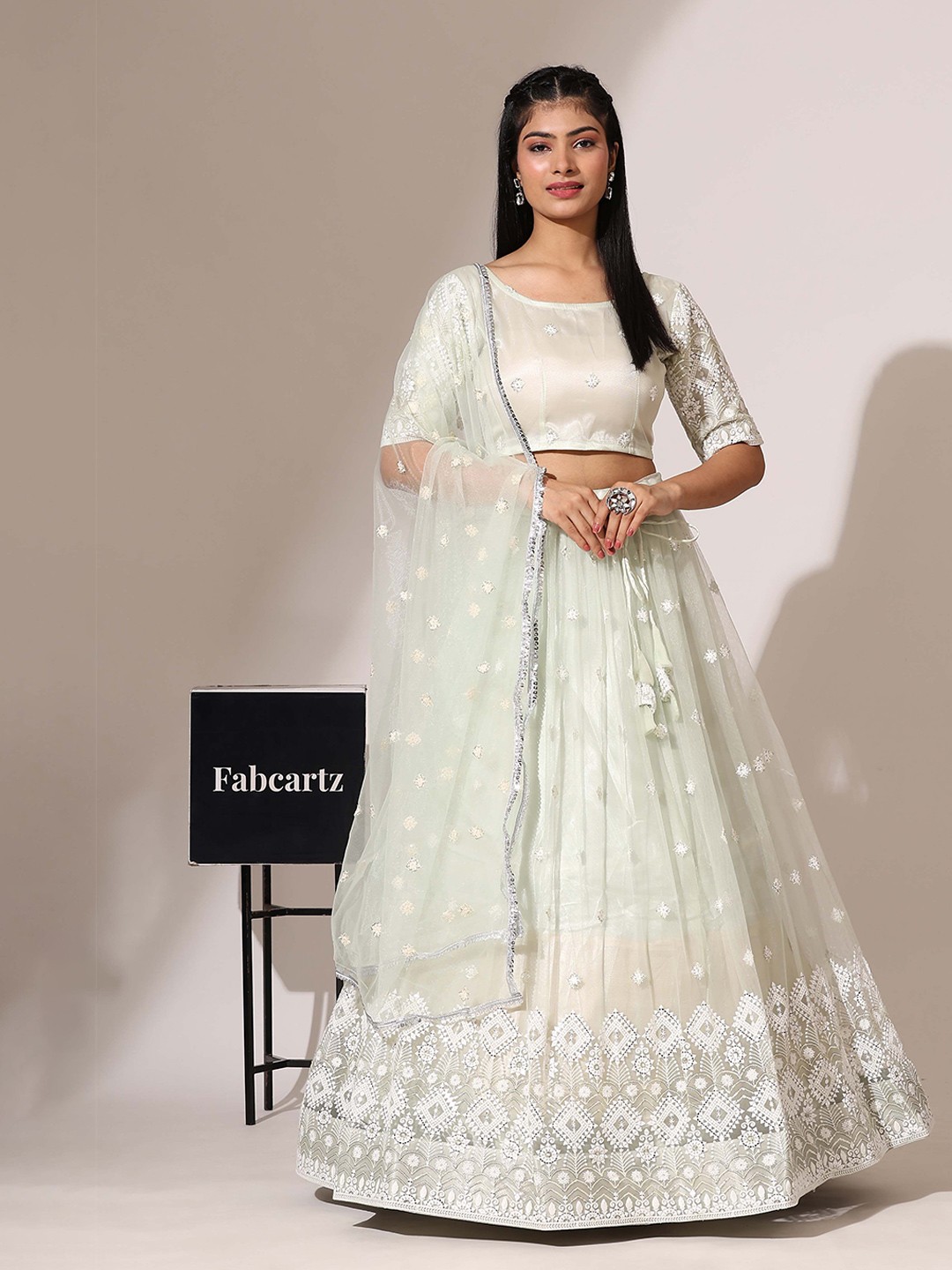 

Fabcartz Floral Embroidered Sequinned Semi-Stitched Lehenga & Unstitched Blouse & Dupatta, Turquoise blue
