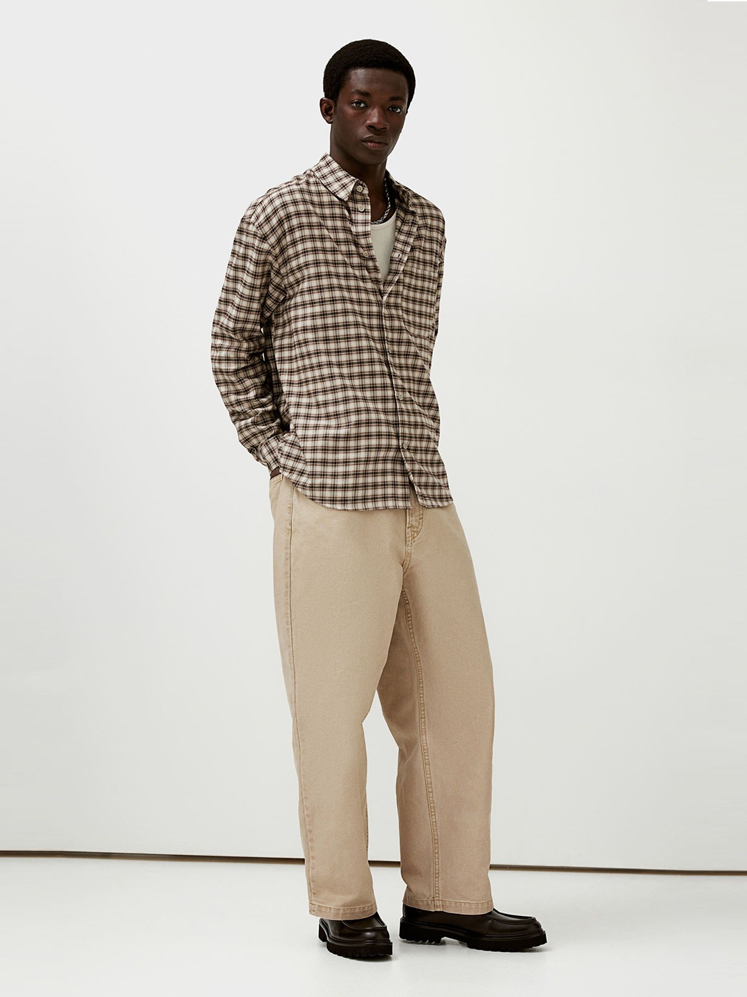 

H&M Checked Loose Fit Shirt, Beige