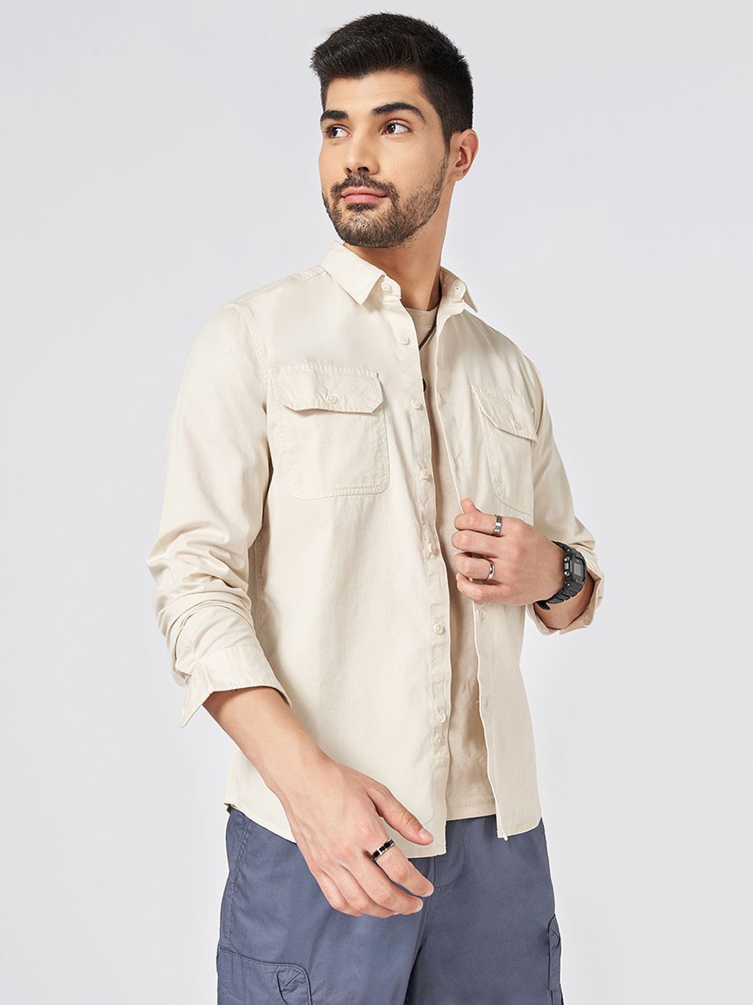 

Urban Ranger by pantaloons Men Spread Collar Cotton Shirt, Off white