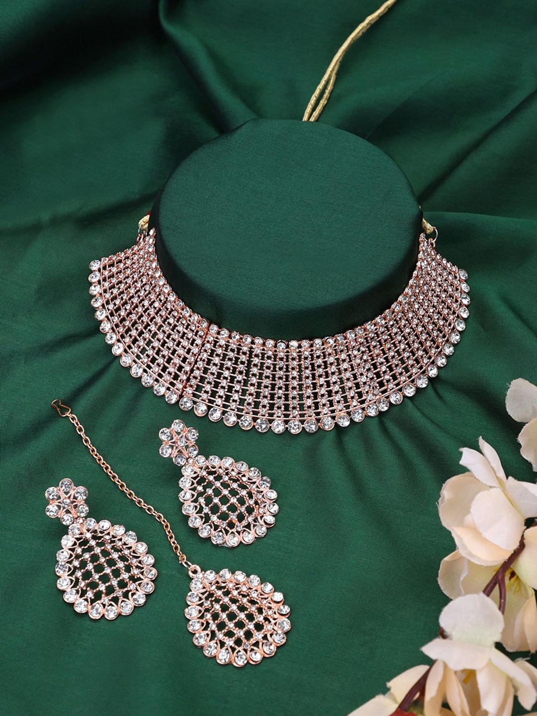 

ANIKAS CREATION Rose Gold-Plated AD-Studded Necklace & Earrings With Maang Tika