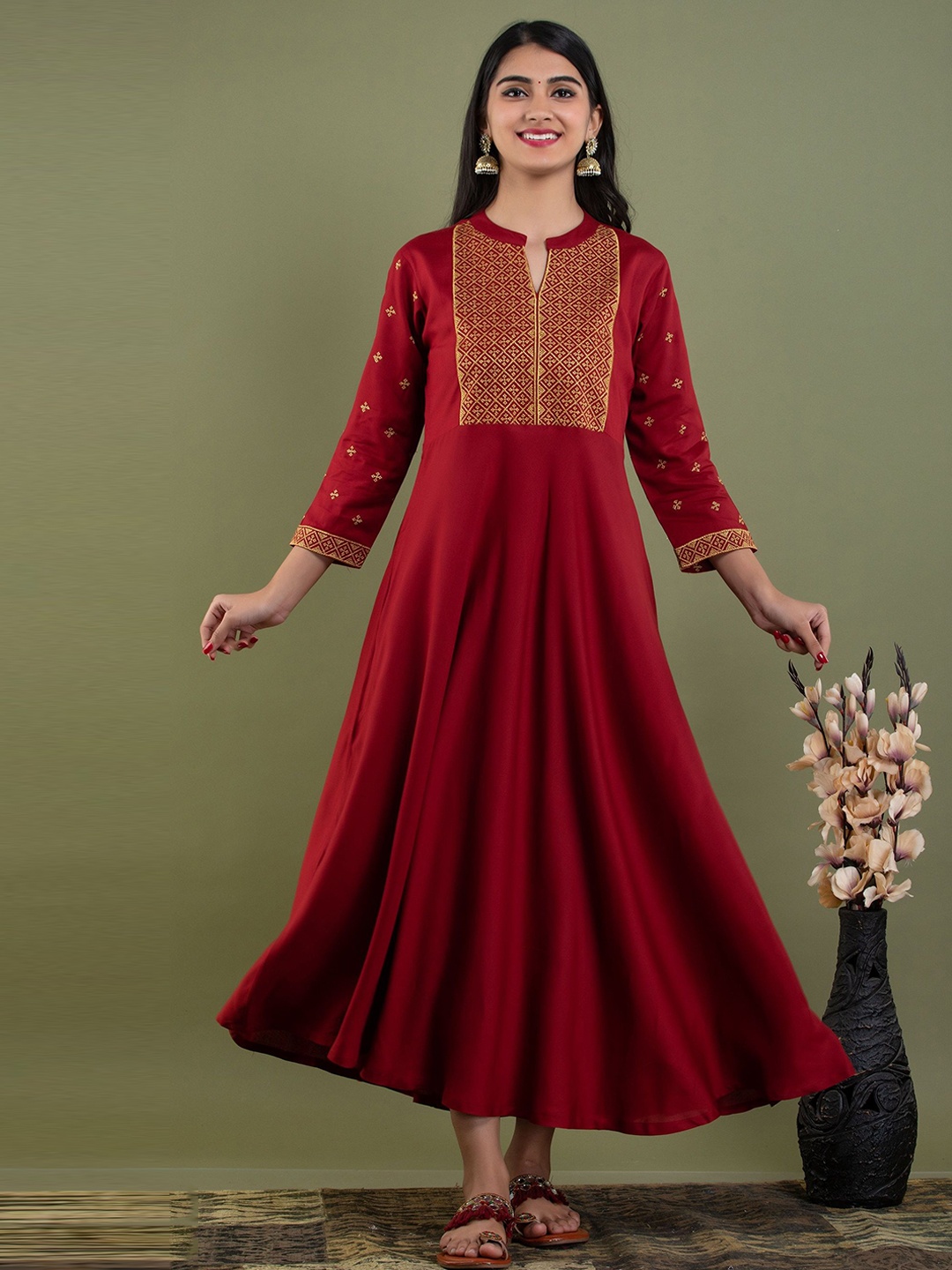

MF Hayat Women Embroidered Fit & Flared Maxi Ethnic Dresses, Maroon