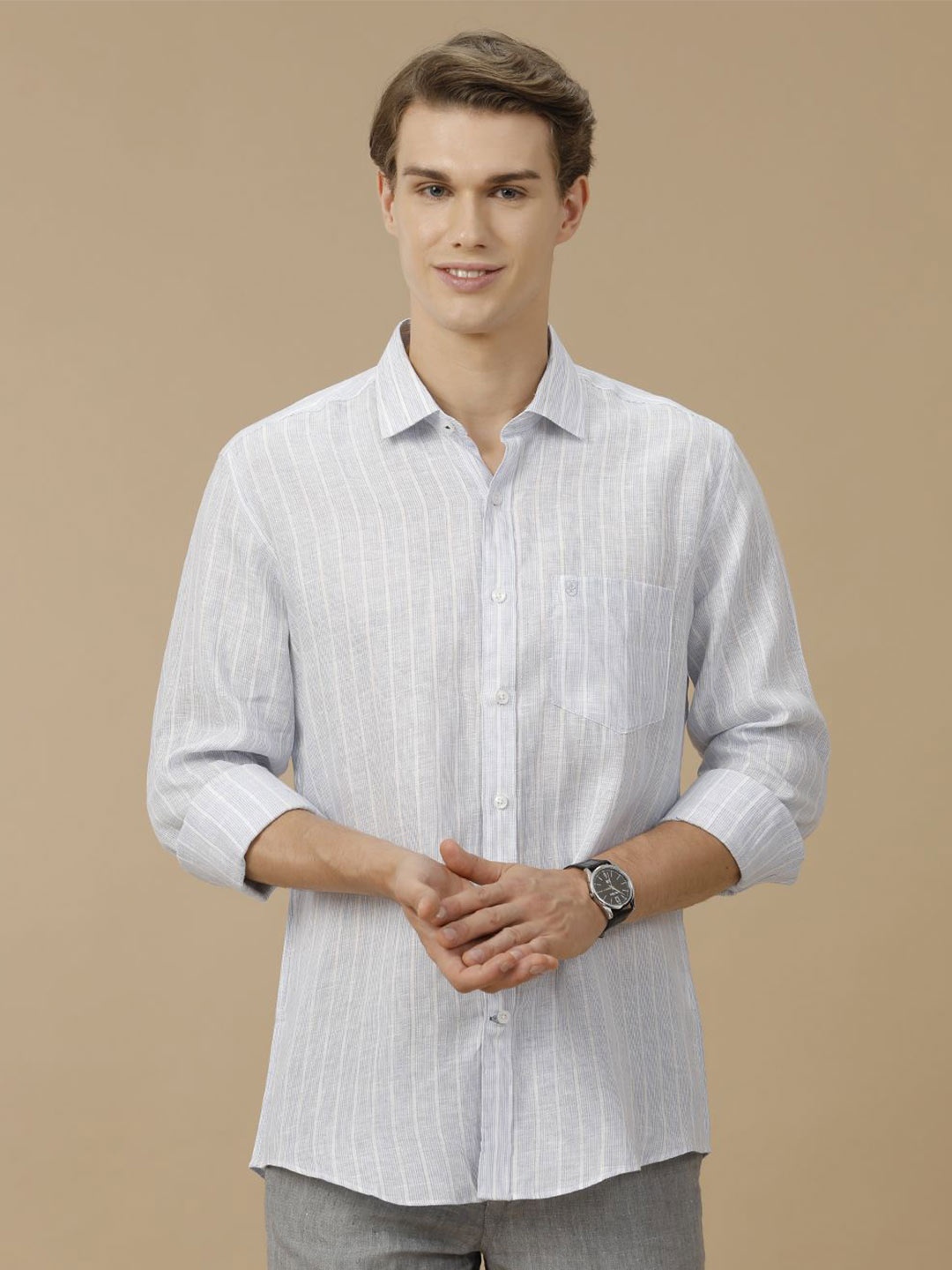 

Linen Club Men Contemporary Slim Fit Striped Casual Shirt, Blue