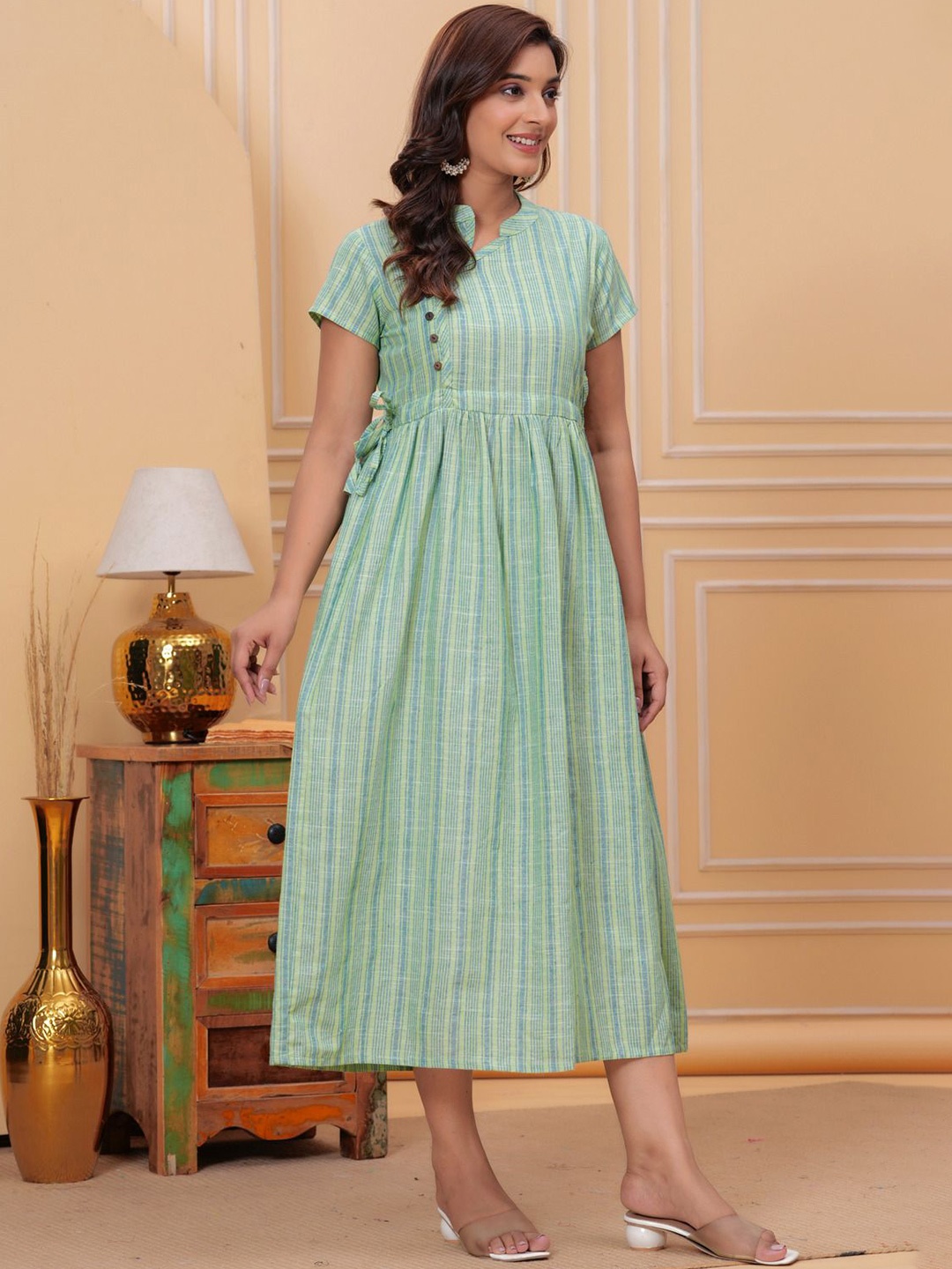 

SARAI CREATIONS Striped Short Sleeves Fit & Flare Midi Dress, Green