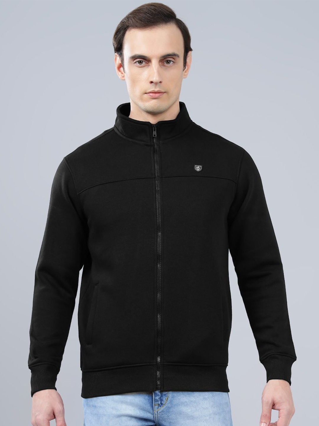 

Cantabil Men Solid Mock Collar Front-Open Sweatshirt, Black