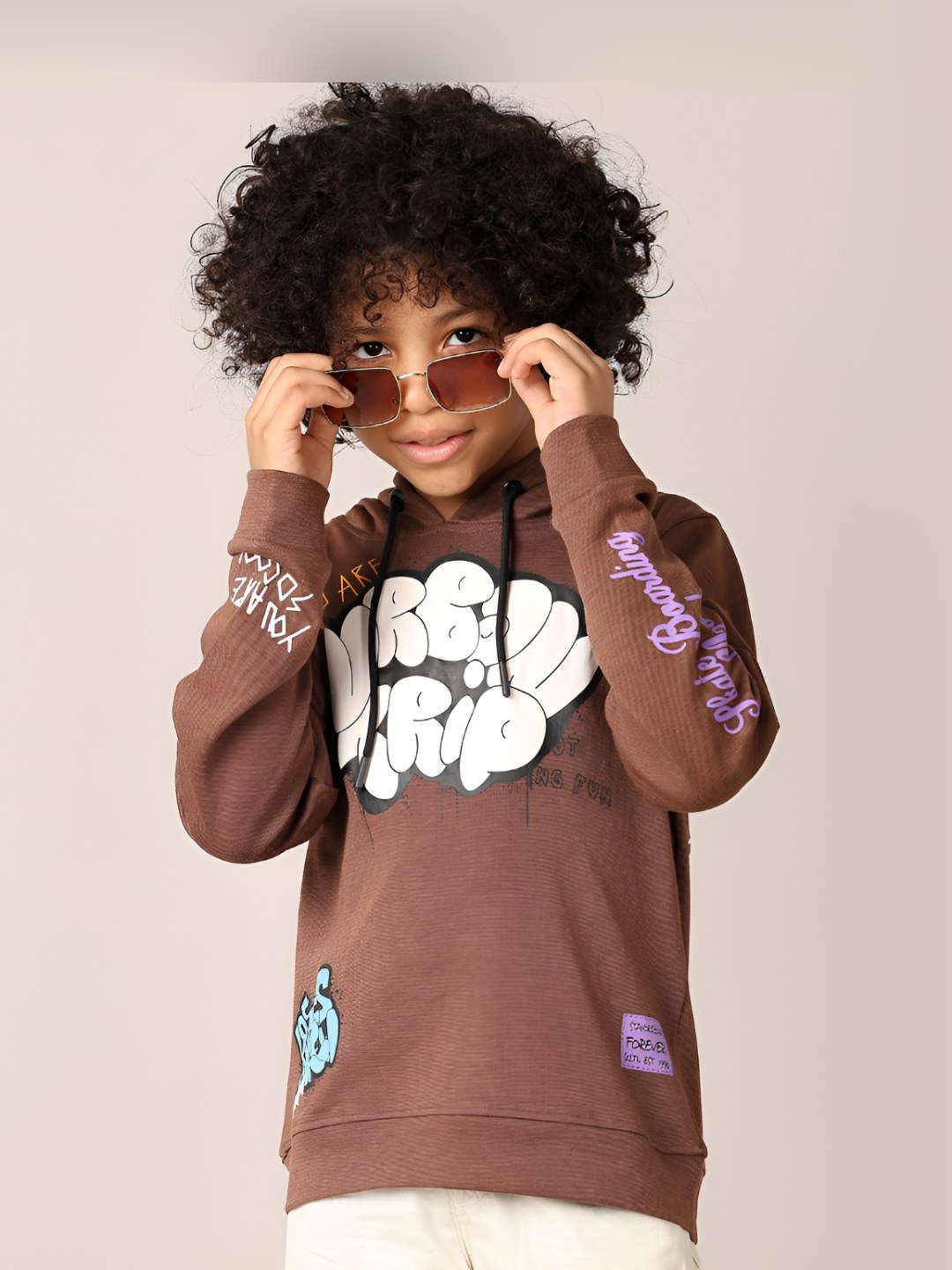 

V-Mart Boys Graphic Printed Hood Cotton T-shirt, Brown